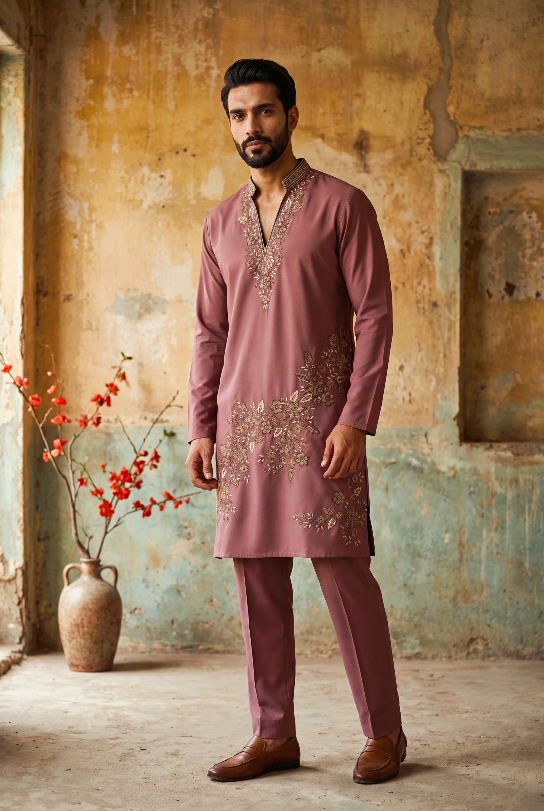 Peach Floral Sequined Lachaka Kurta Pyjama