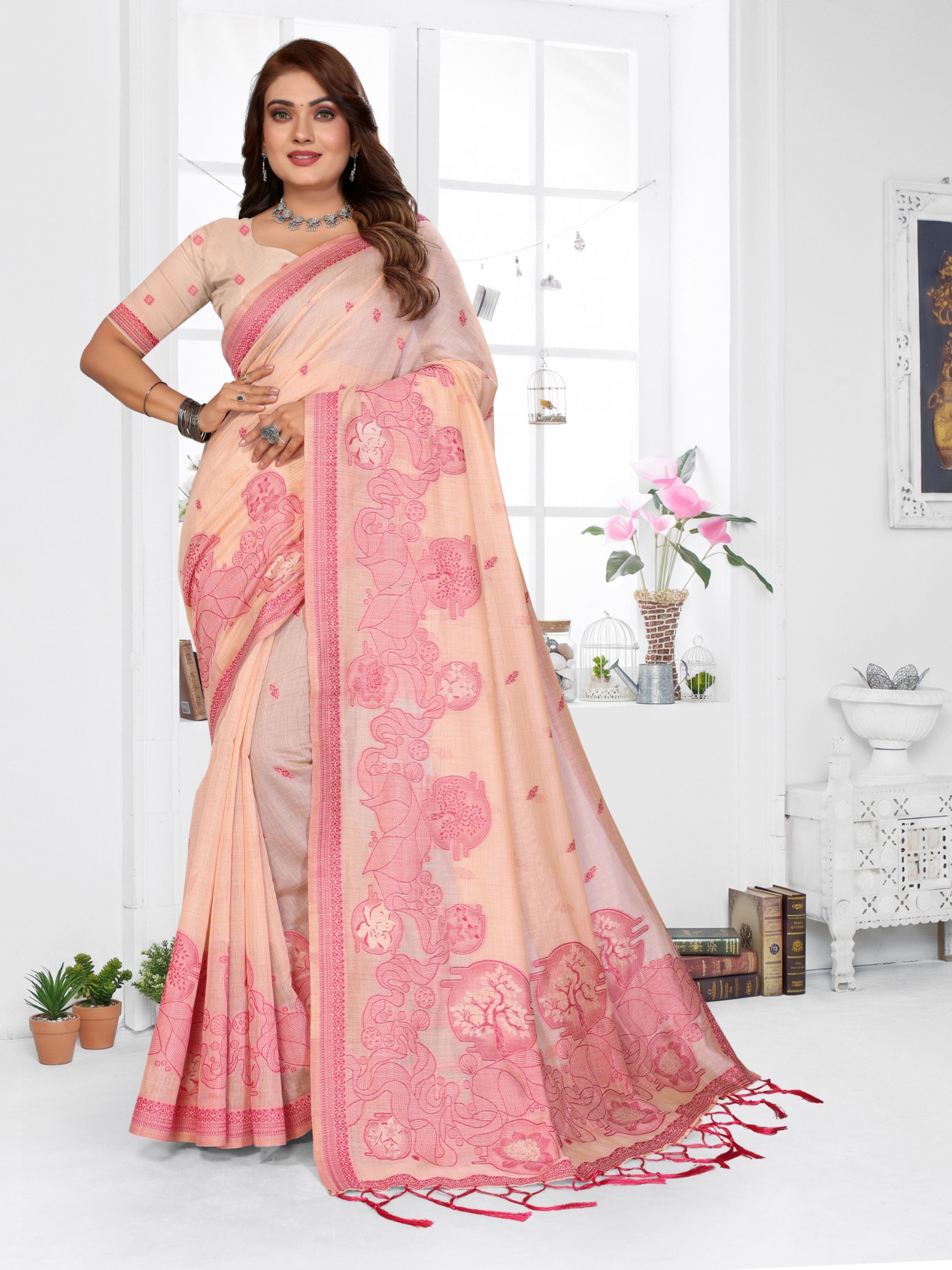 Peach Floral Weaving Spun Cotton Saree