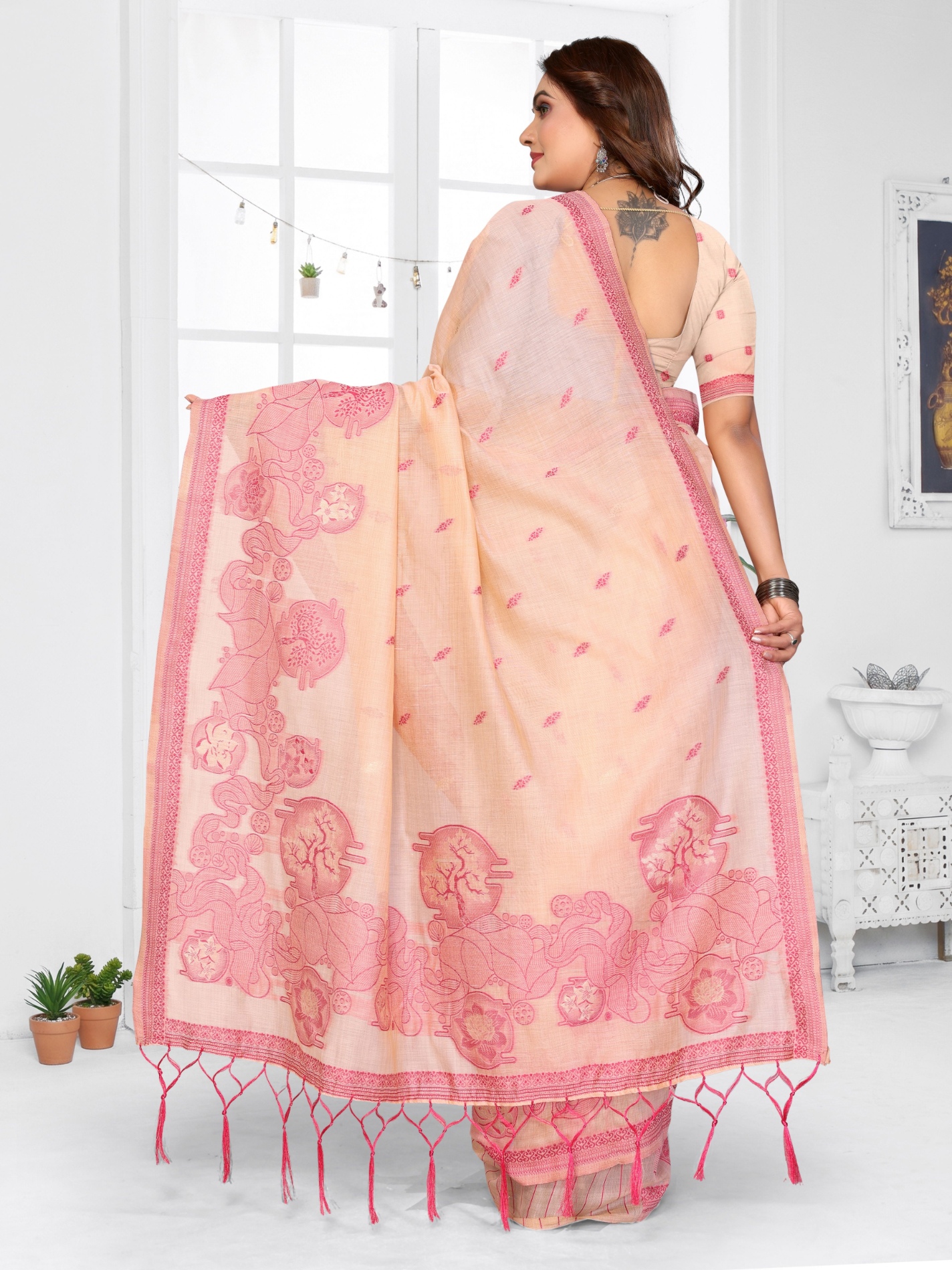 Peach Floral Weaving Spun Cotton Saree — alternate view