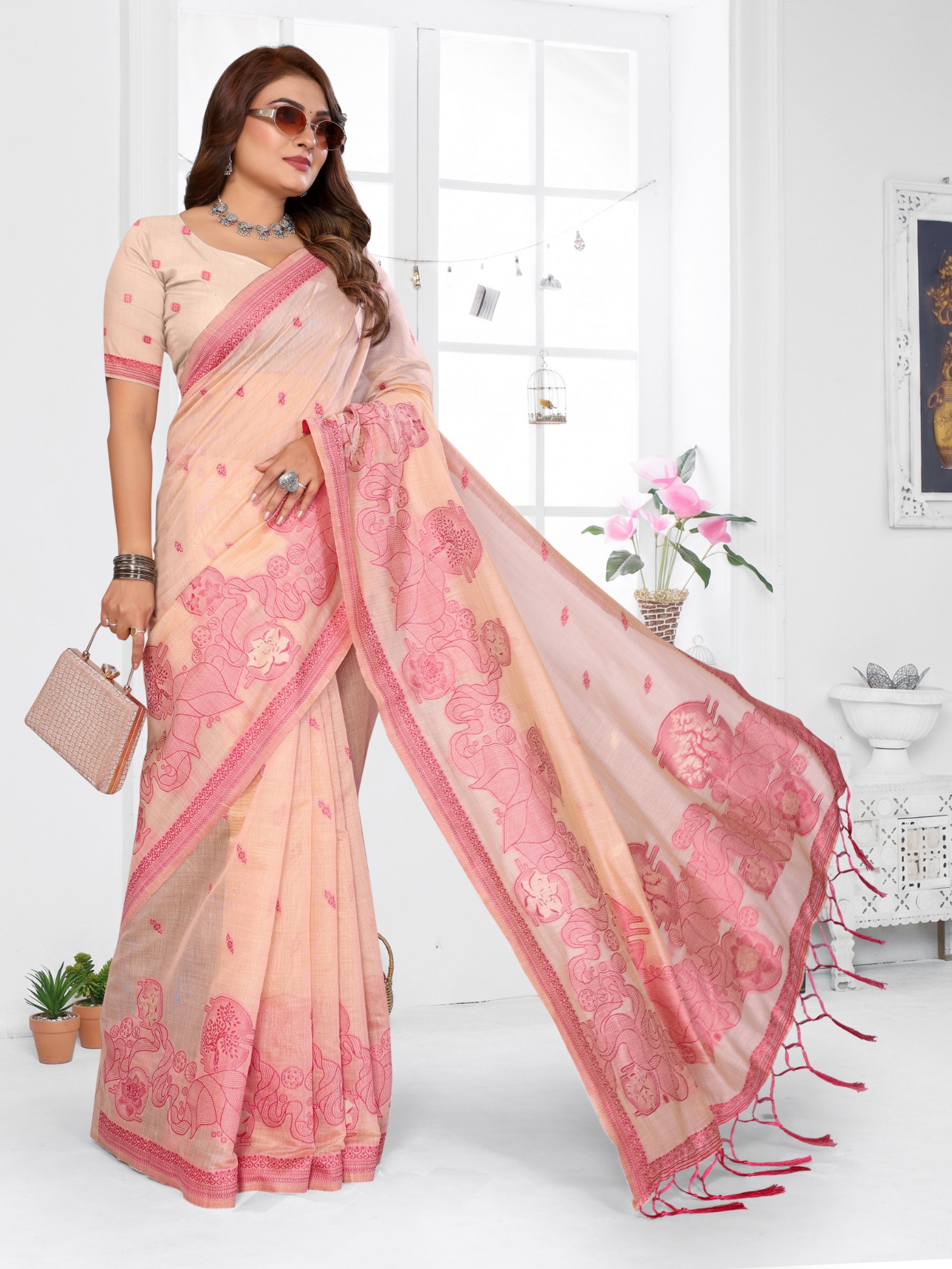Peach Floral Weaving Spun Cotton Saree