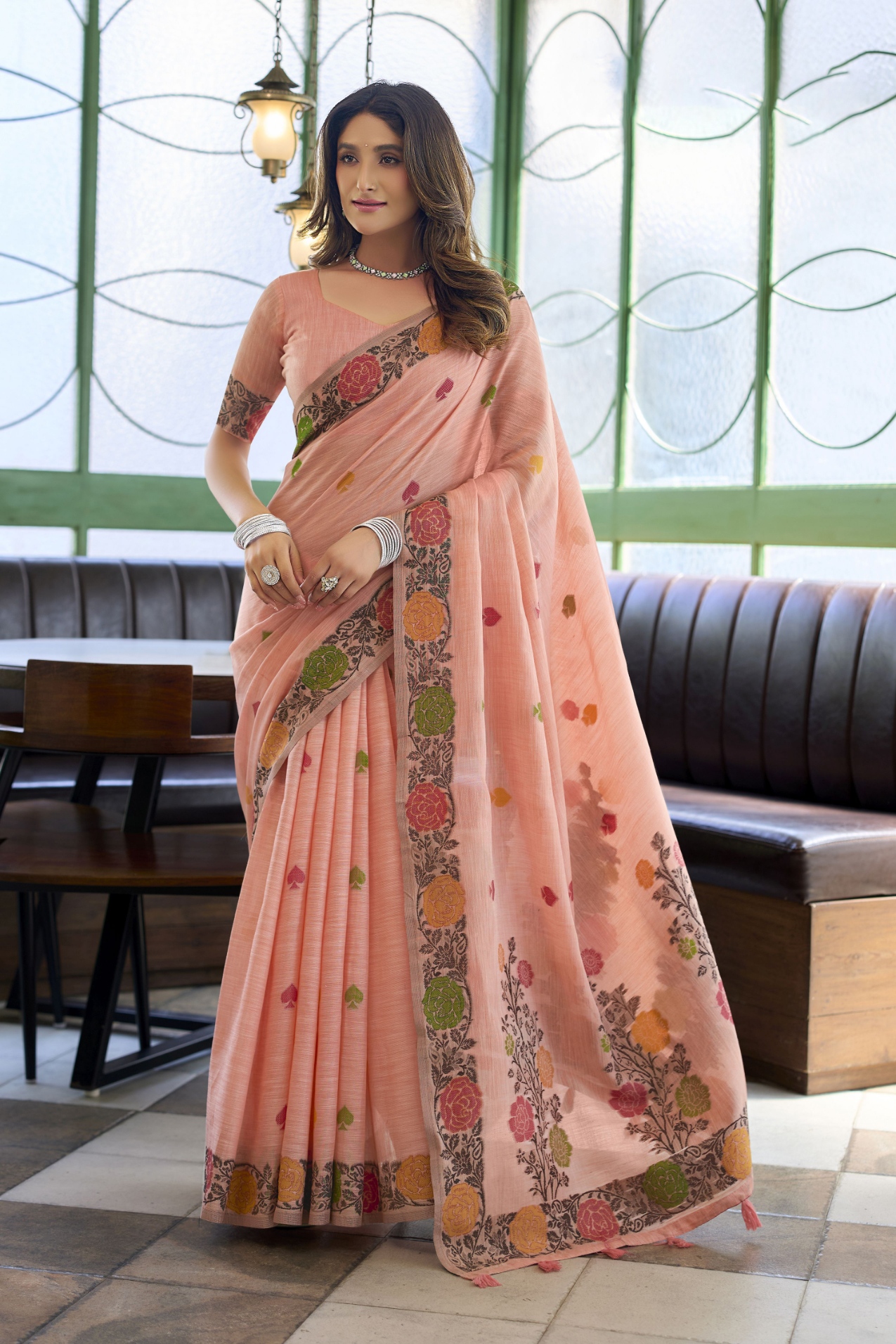 Peach Floral Woven Jacquard Handloom Linen Saree