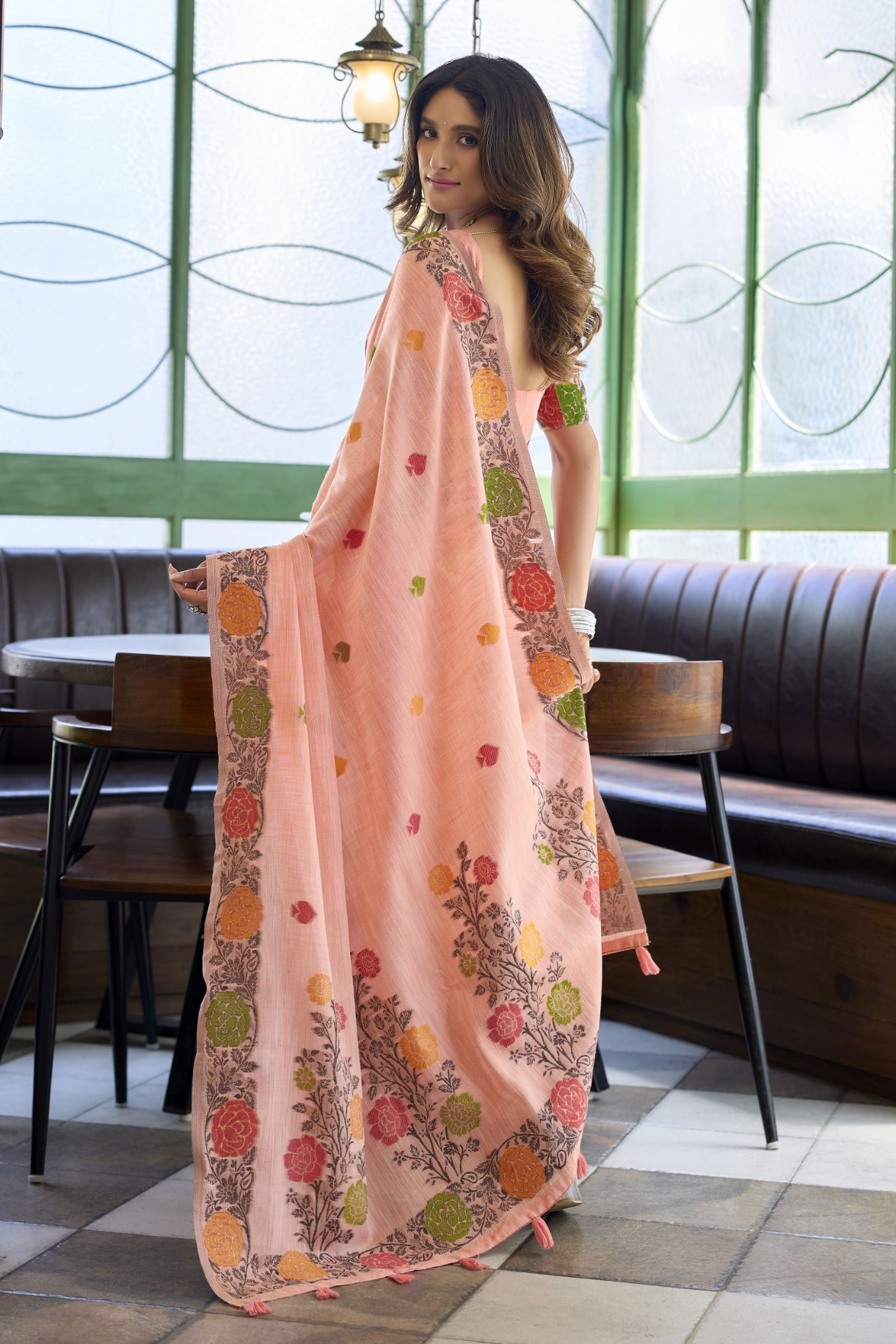 Peach Floral Woven Jacquard Handloom Linen Saree — alternate view