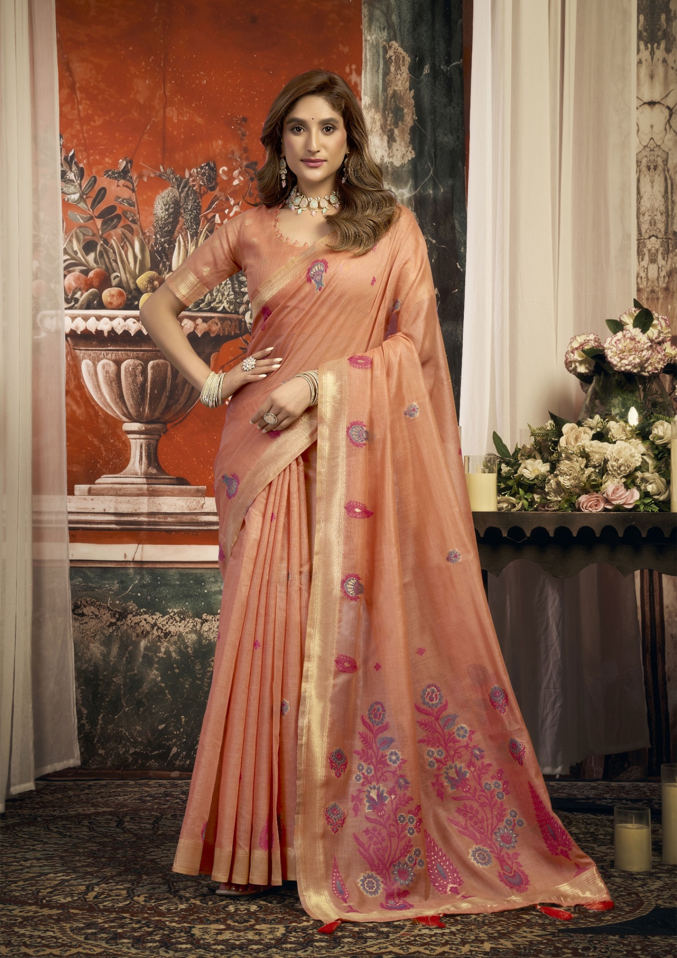 Peach Floral Woven Puri Cotton Saree