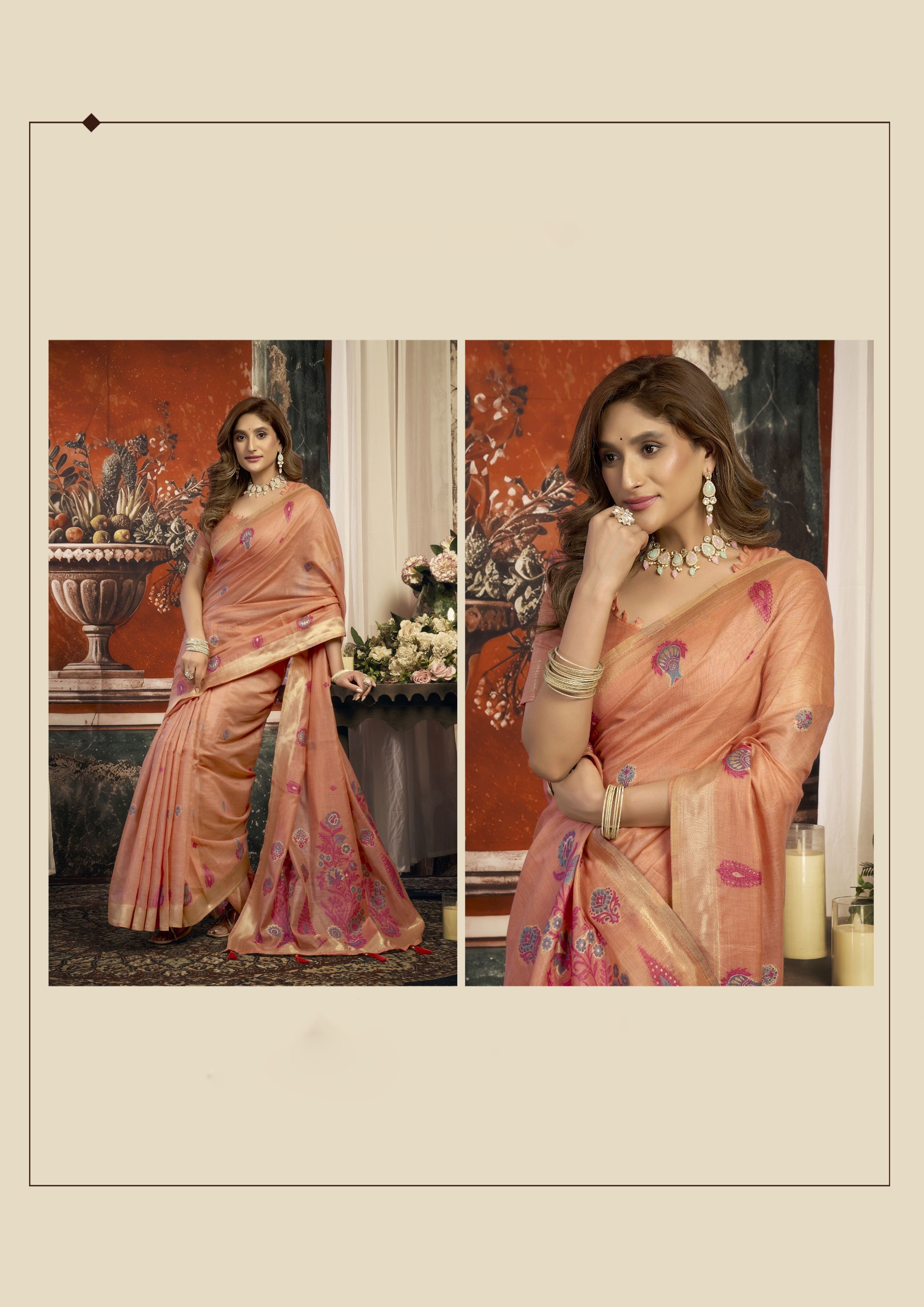 Peach Floral Woven Puri Cotton Saree