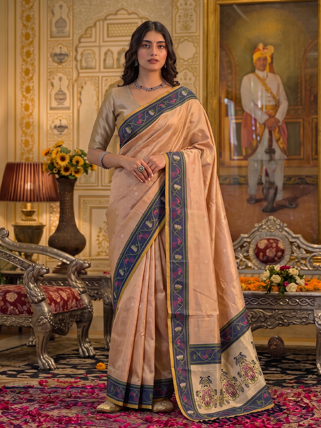 Peach Floral Woven Tissue Silk Saree