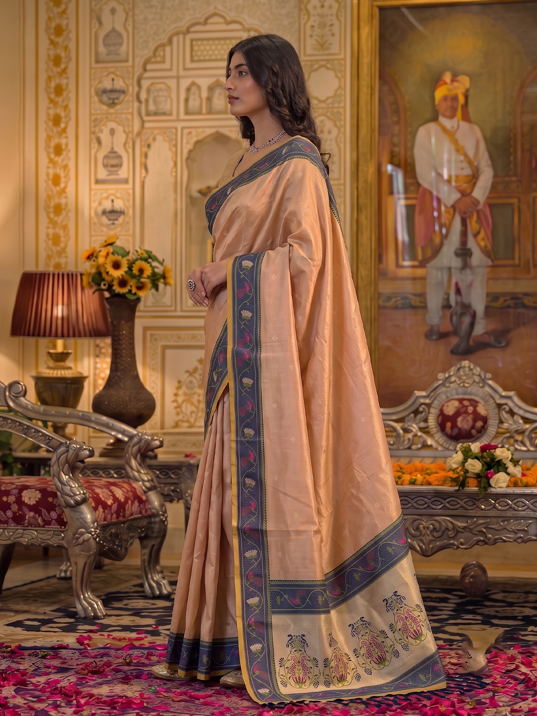 Peach Floral Woven Tissue Silk Saree