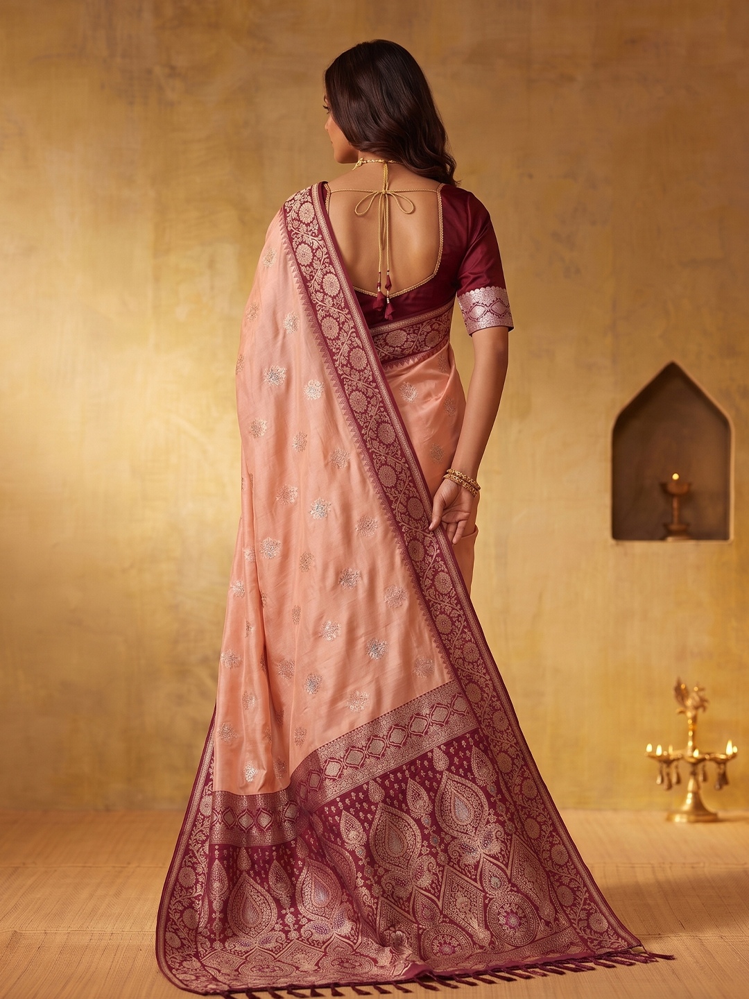 Peach Floral Woven Zari Silk Blend Saree — alternate view
