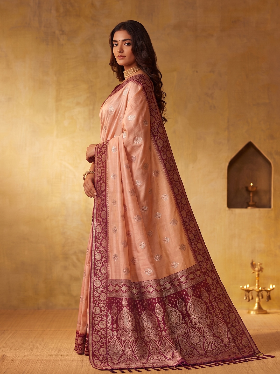 Peach Floral Woven Zari Silk Blend Saree