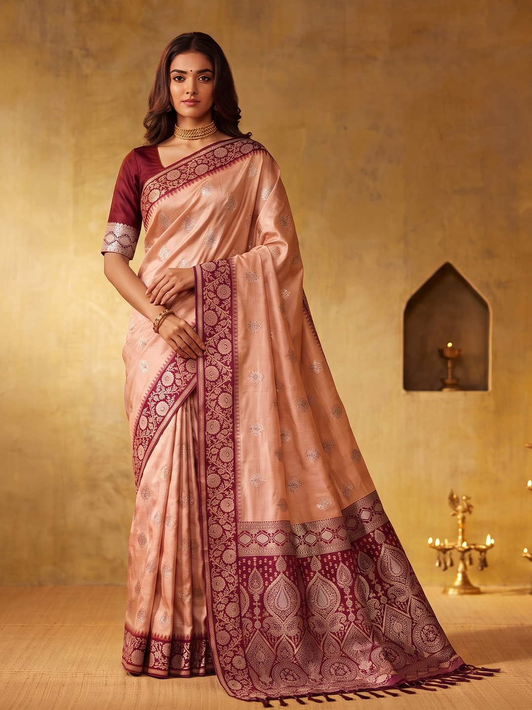 Peach Floral Woven Zari Silk Blend Saree