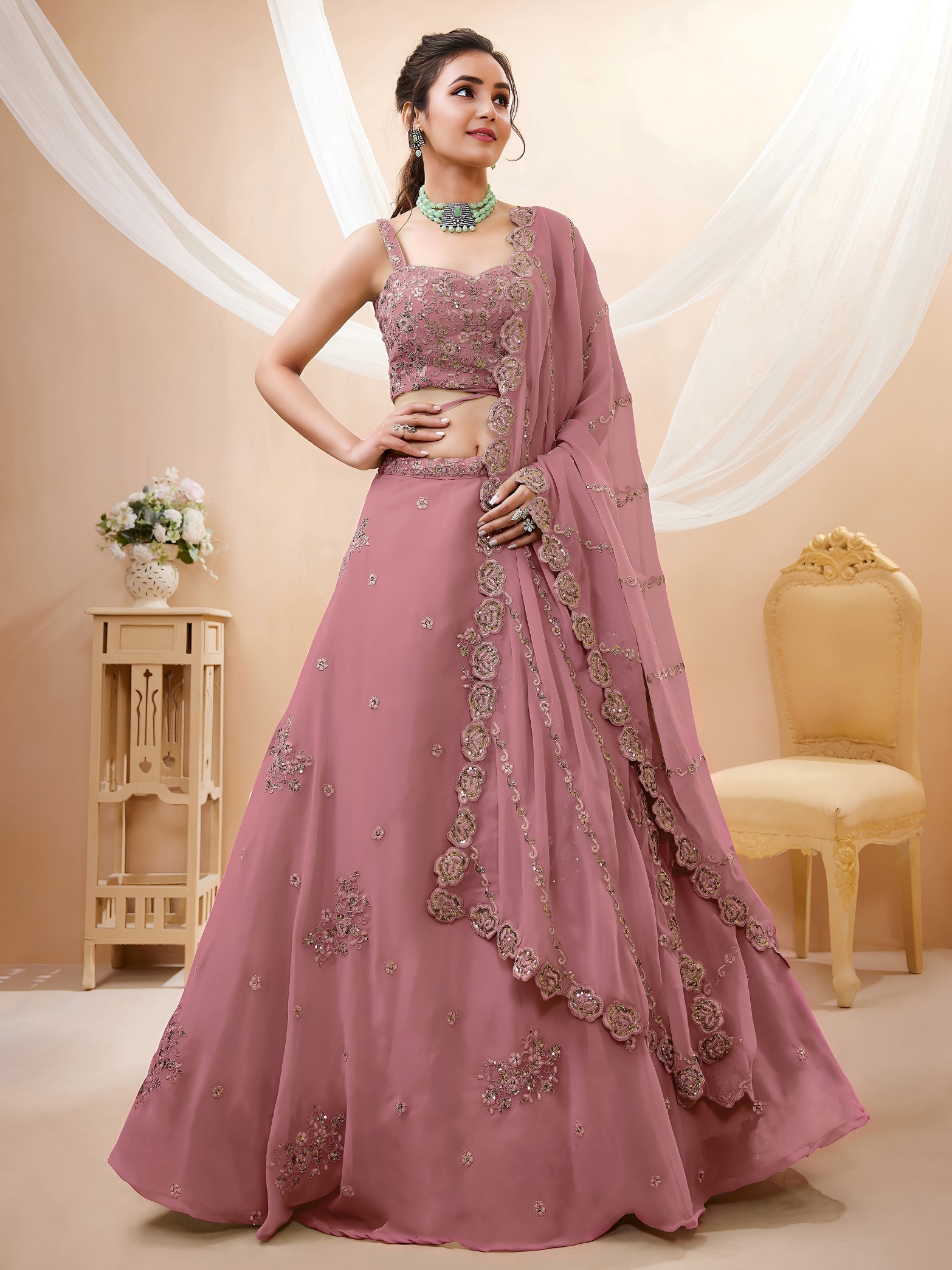 Peach Floral Zari Sequins Georgette Bridal Lehenga Choli