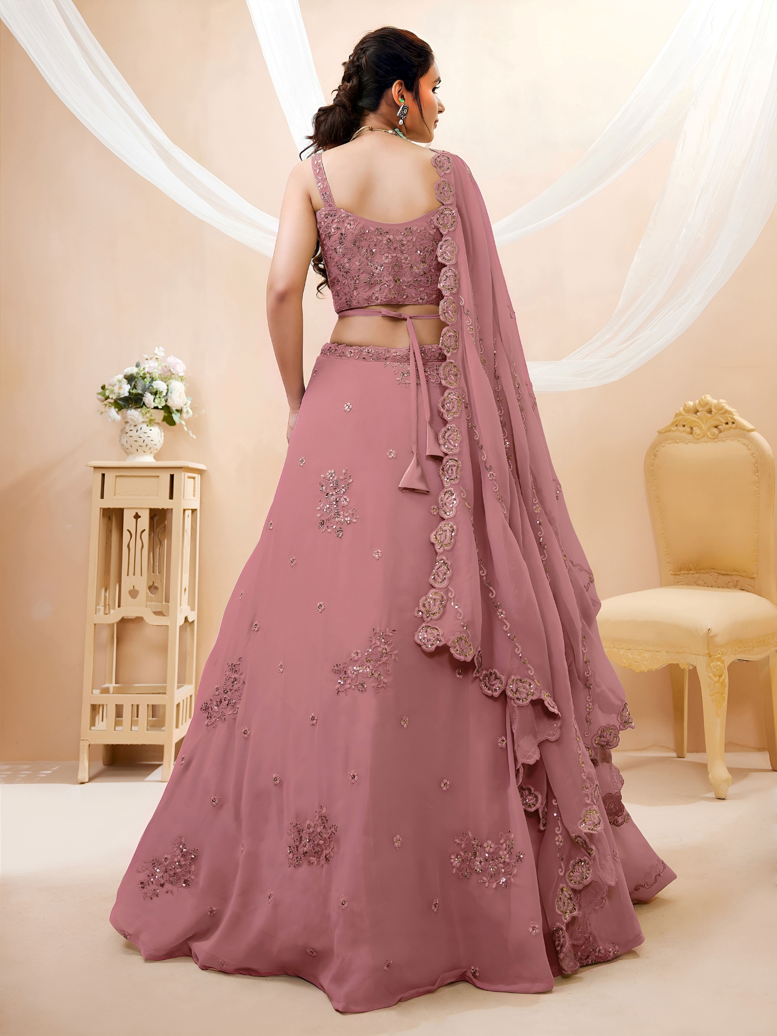 Peach Floral Zari Sequins Georgette Bridal Lehenga Choli — alternate view