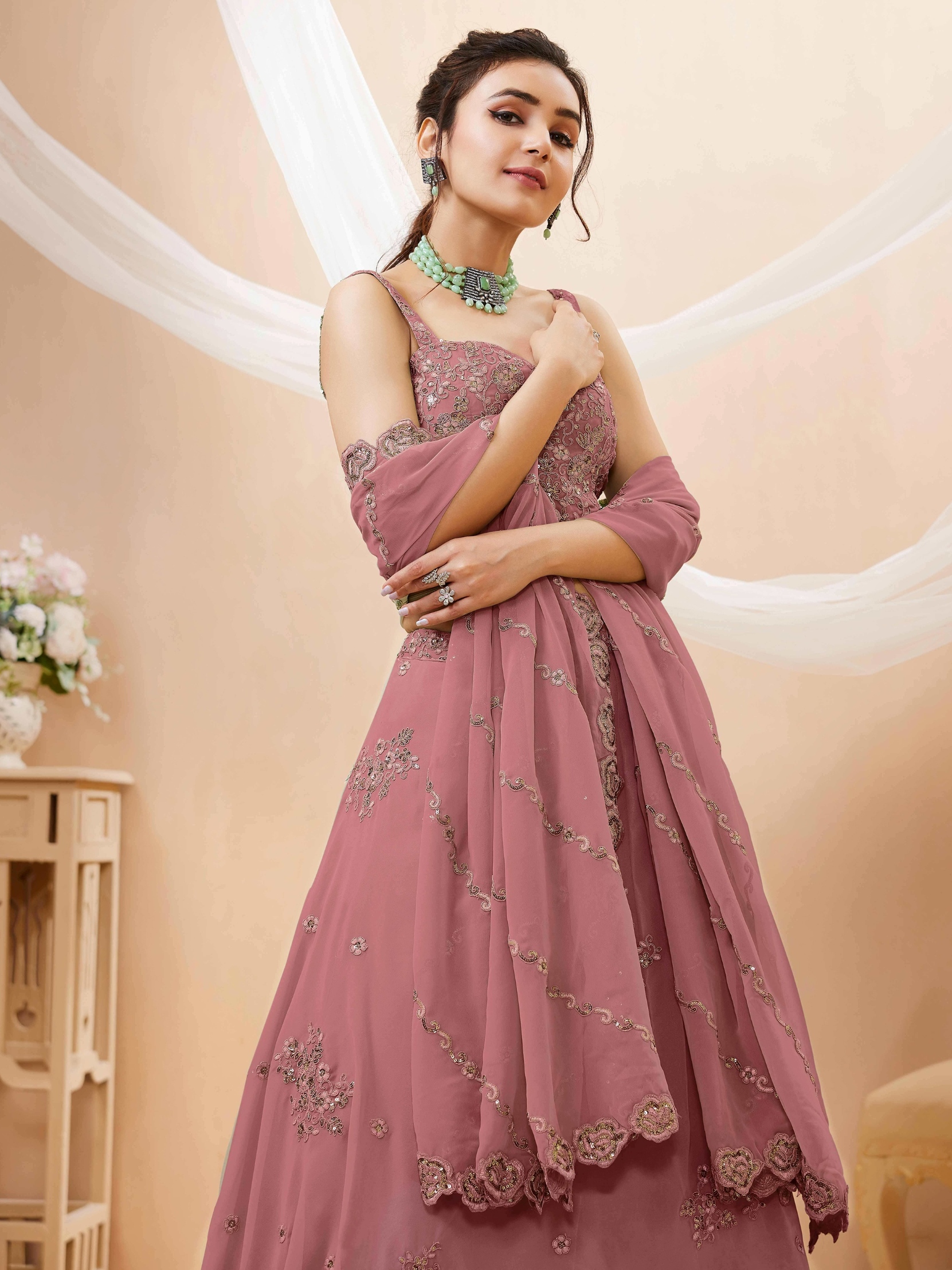 Peach Floral Zari Sequins Georgette Bridal Lehenga Choli