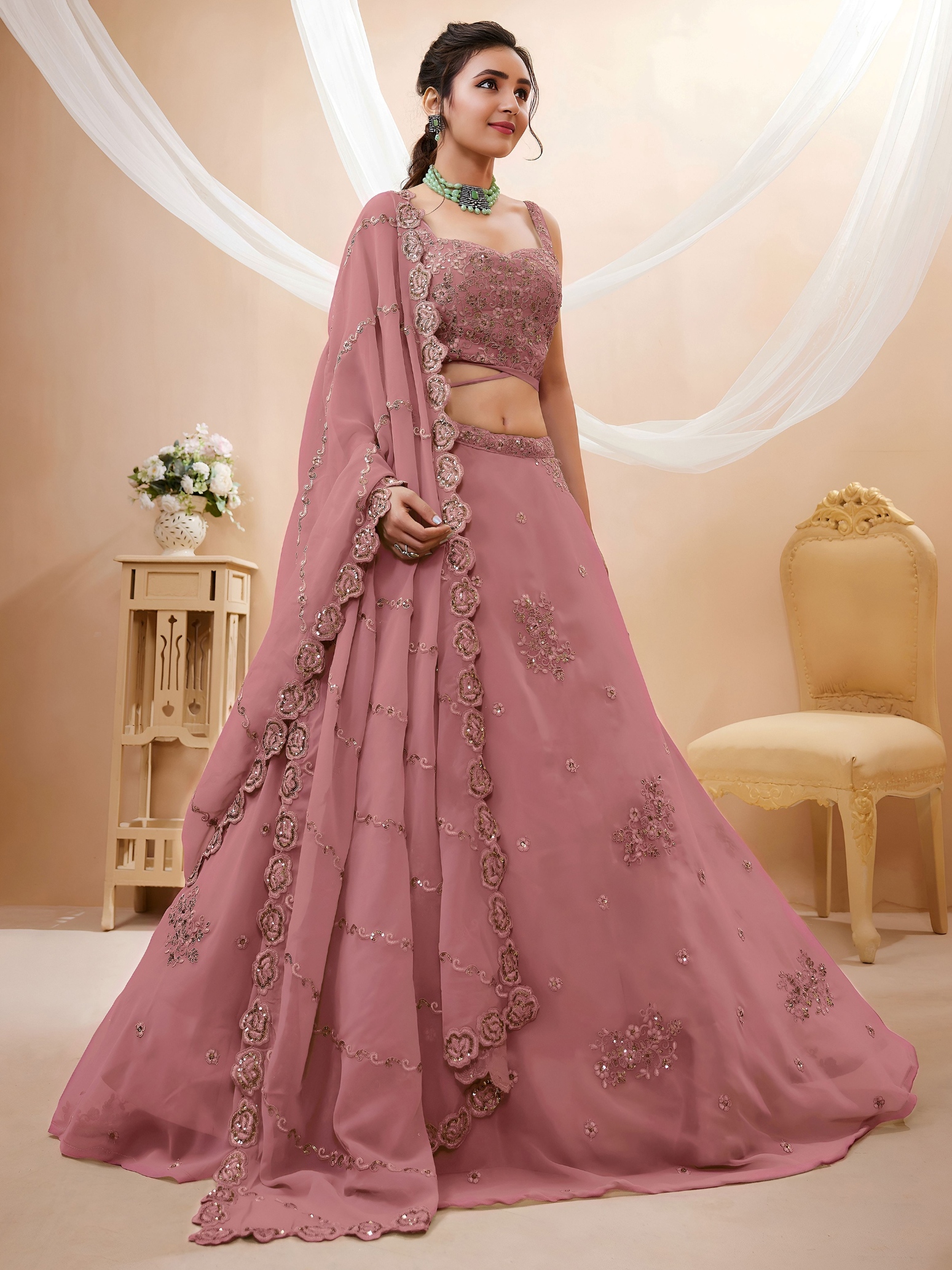 Peach Floral Zari Sequins Georgette Bridal Lehenga Choli