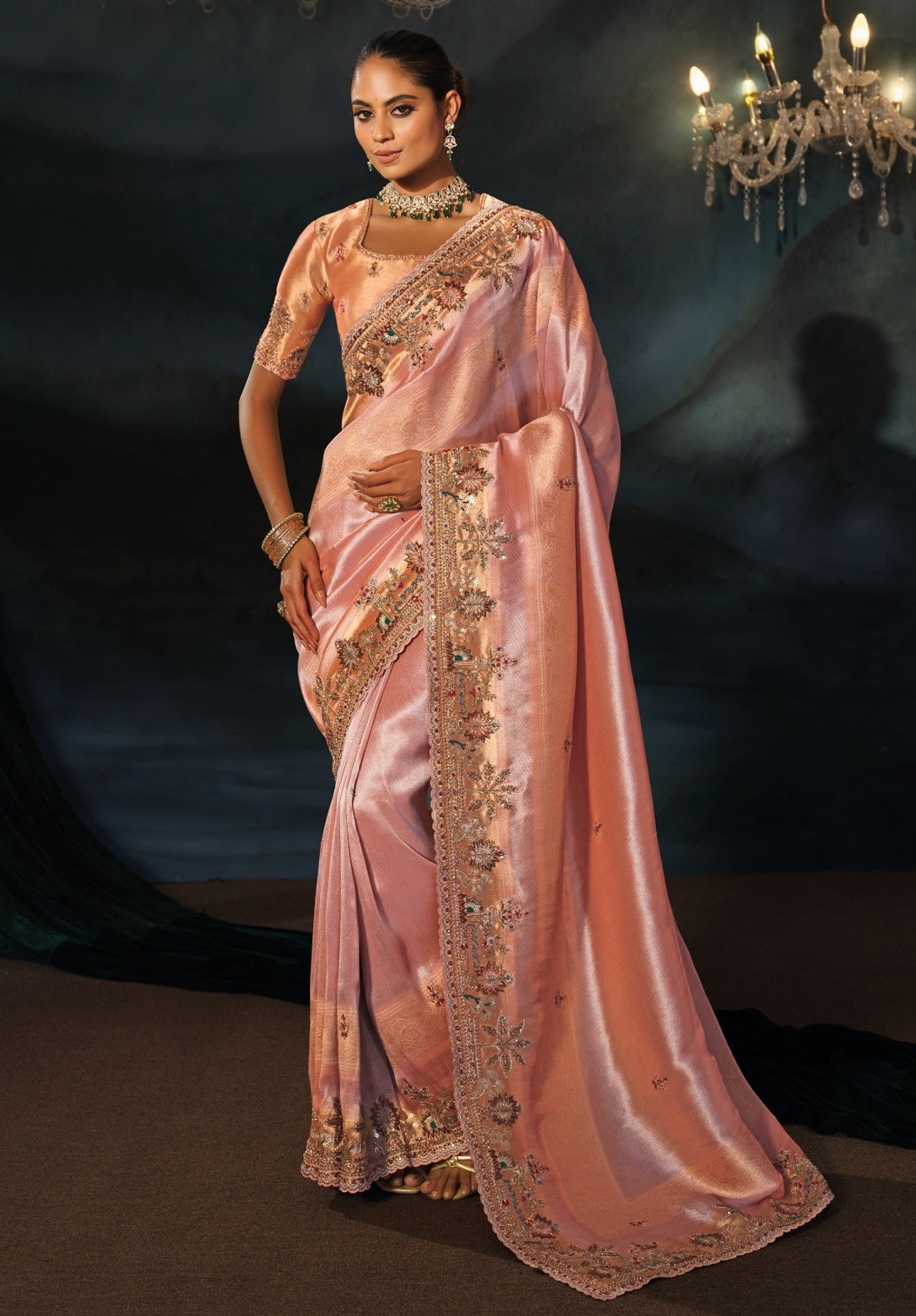 Peach Floral Zari Thread Madhuri Silk Saree