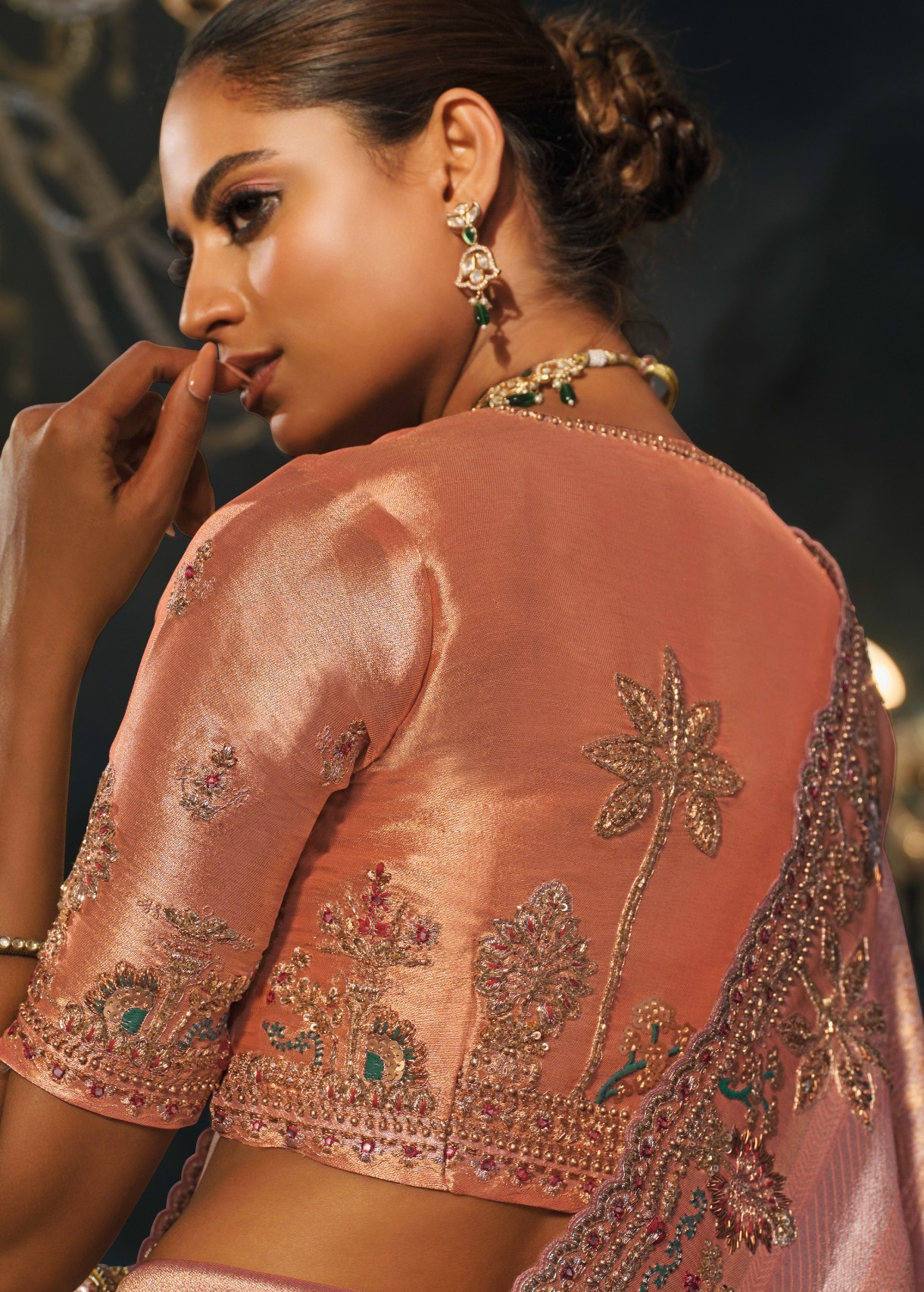 Peach Floral Zari Thread Madhuri Silk Saree — alternate view