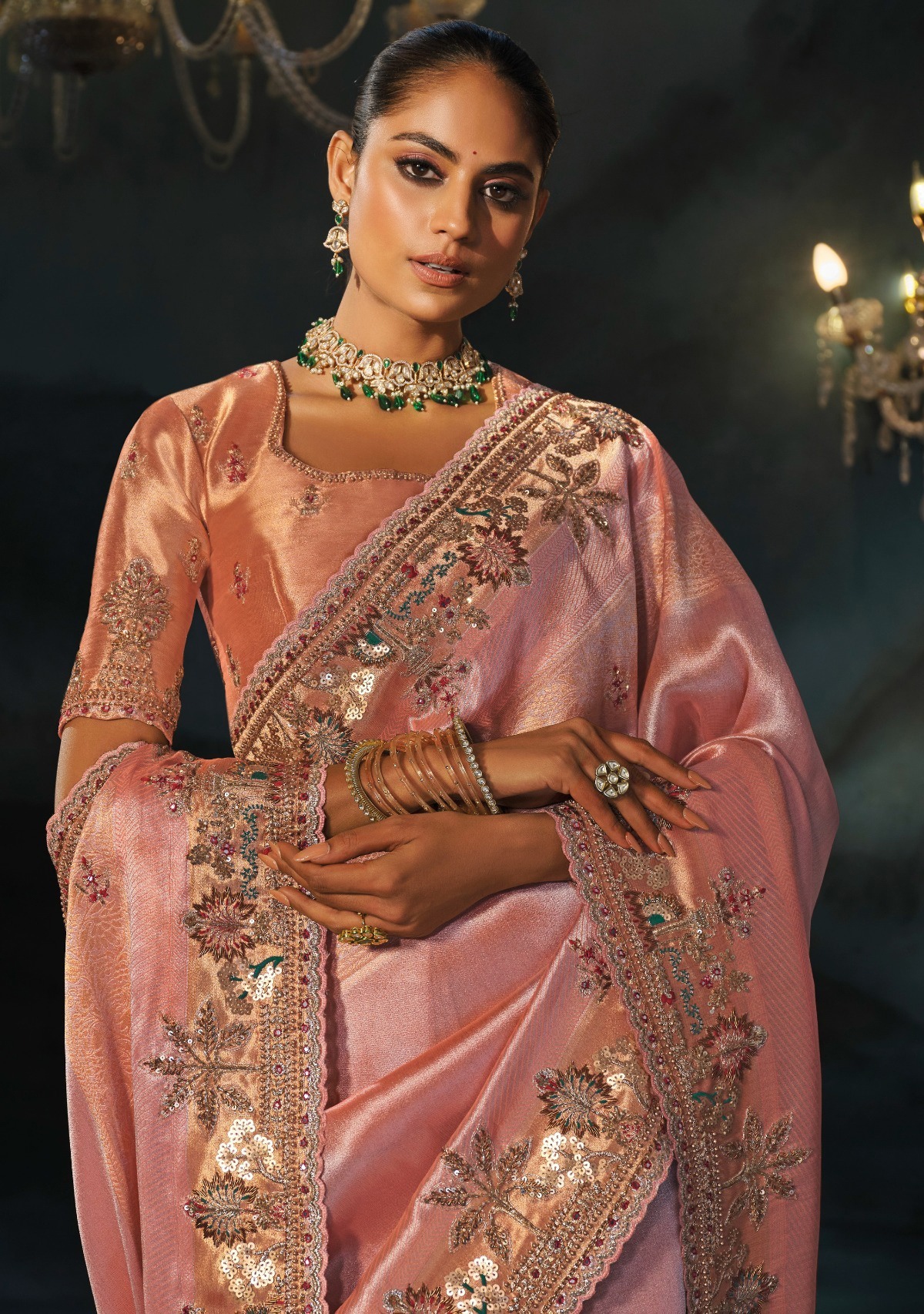Peach Floral Zari Thread Madhuri Silk Saree