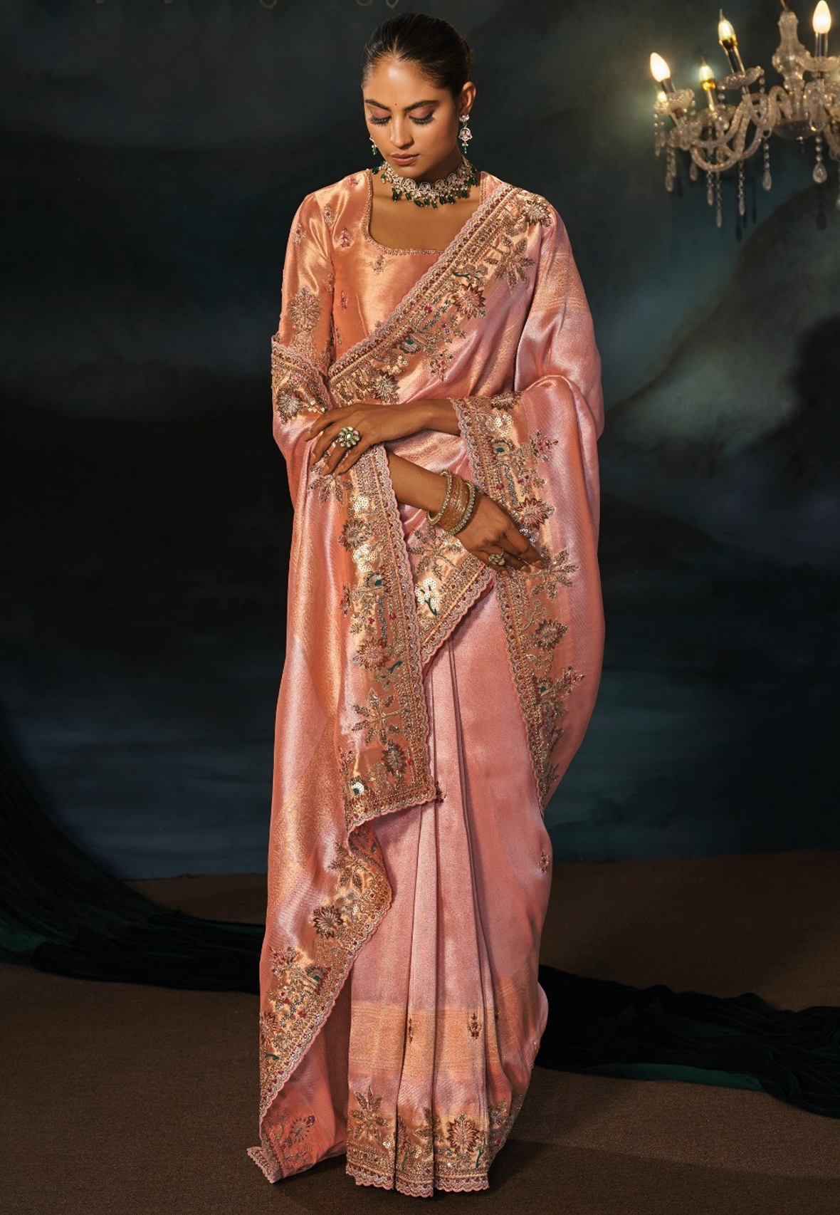 Peach Floral Zari Thread Madhuri Silk Saree