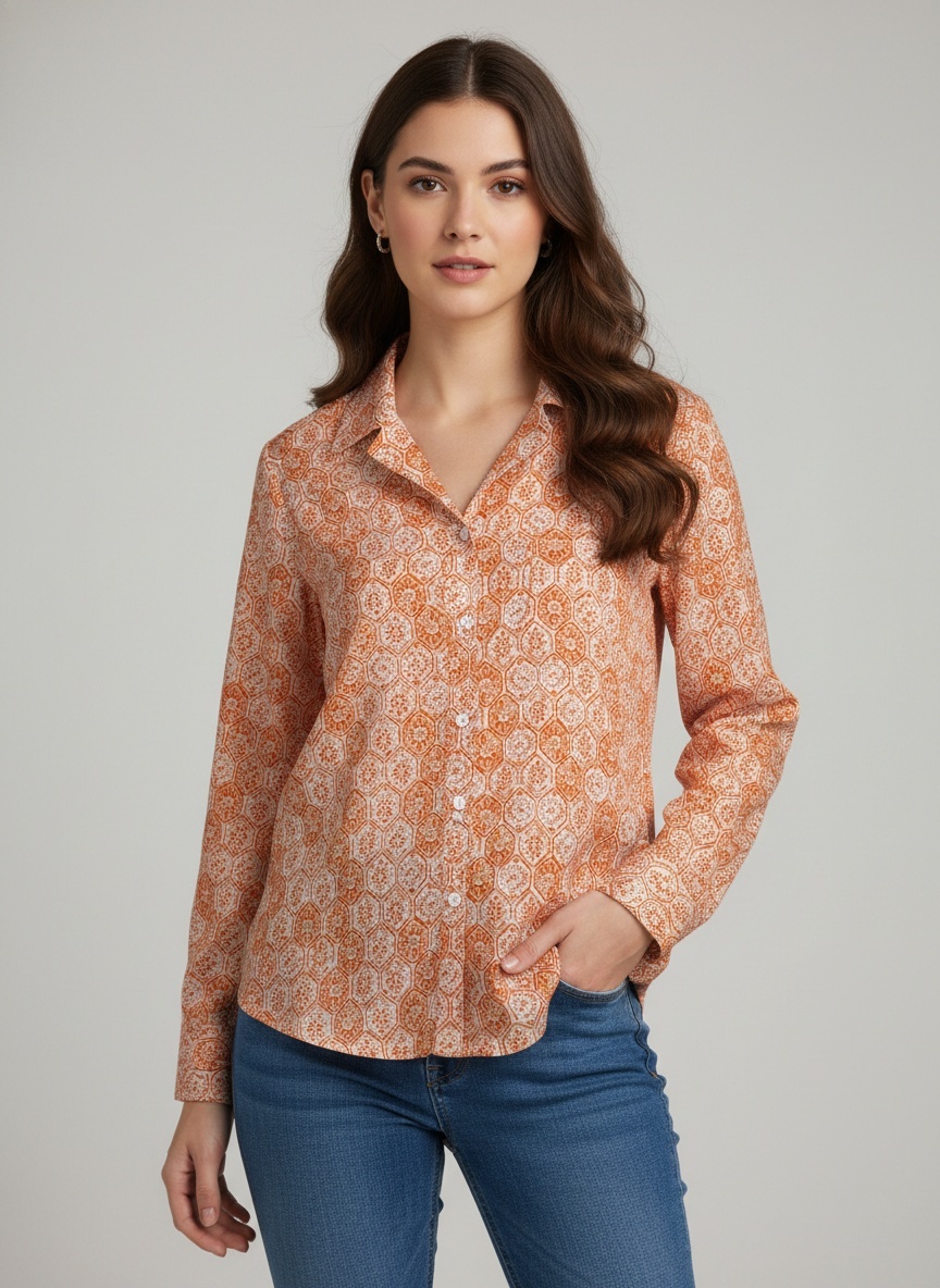 Peach Geometric Printed Cotton Shirt