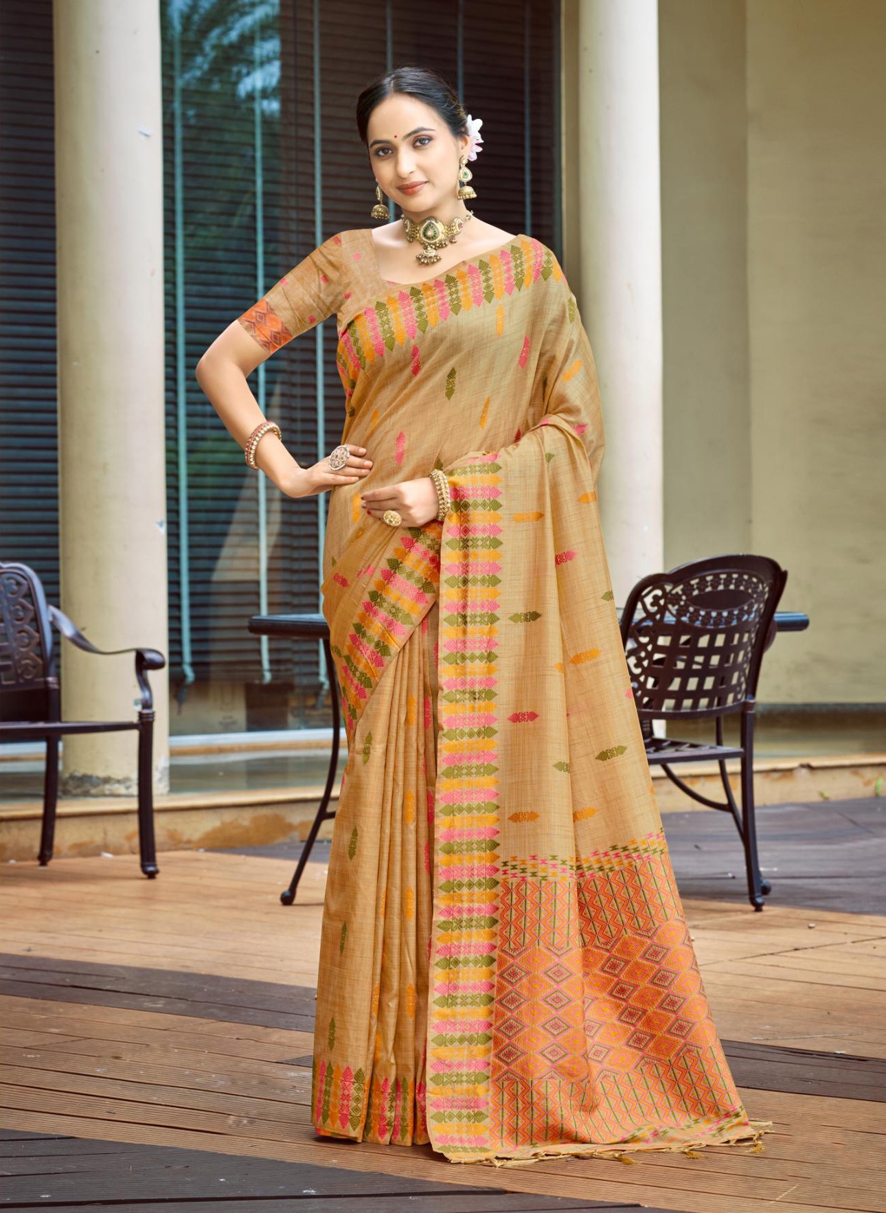 Peach Geometric Woven Designer Assam Silk Saree
