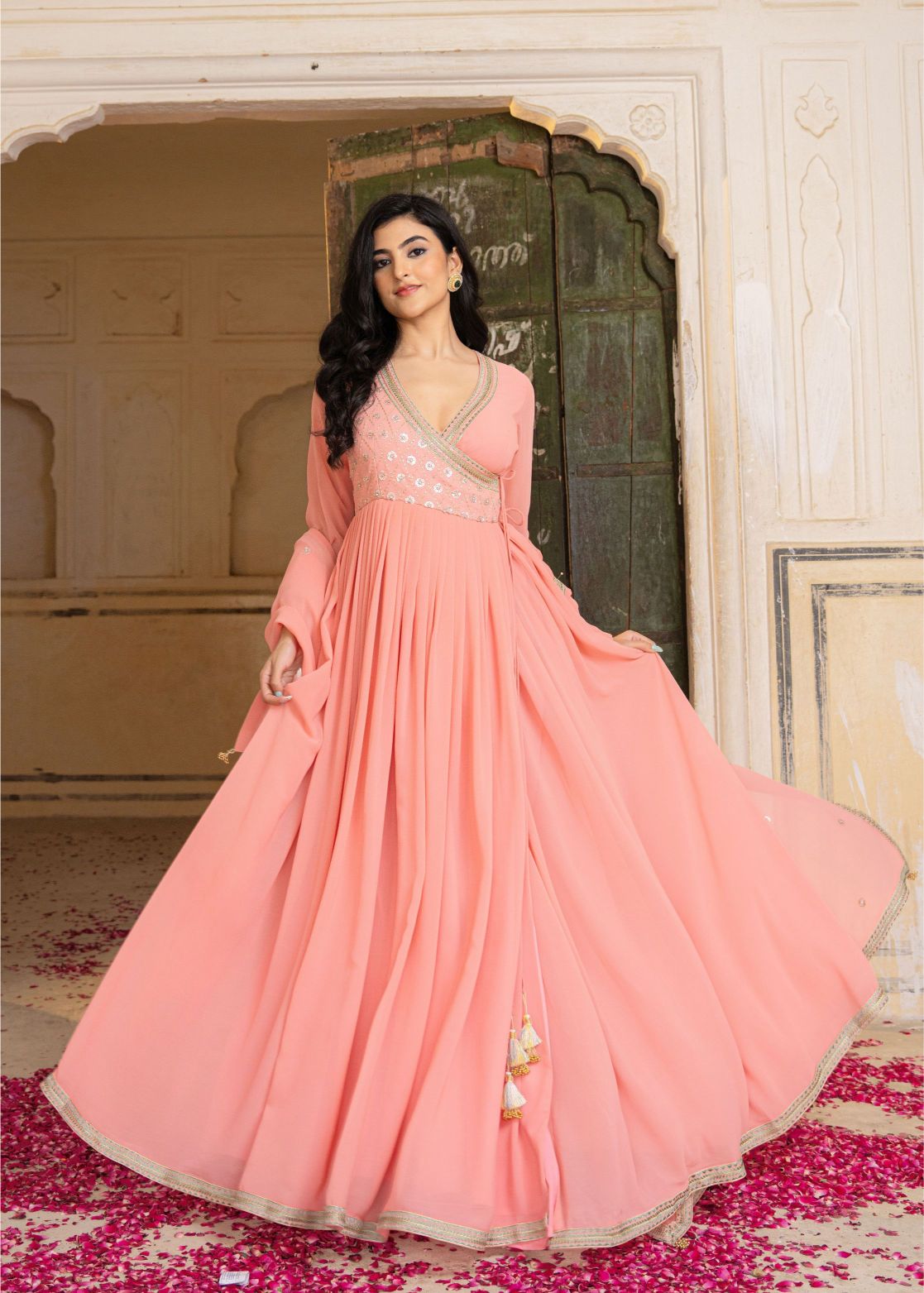 Peach Georgette Embroidered Gown