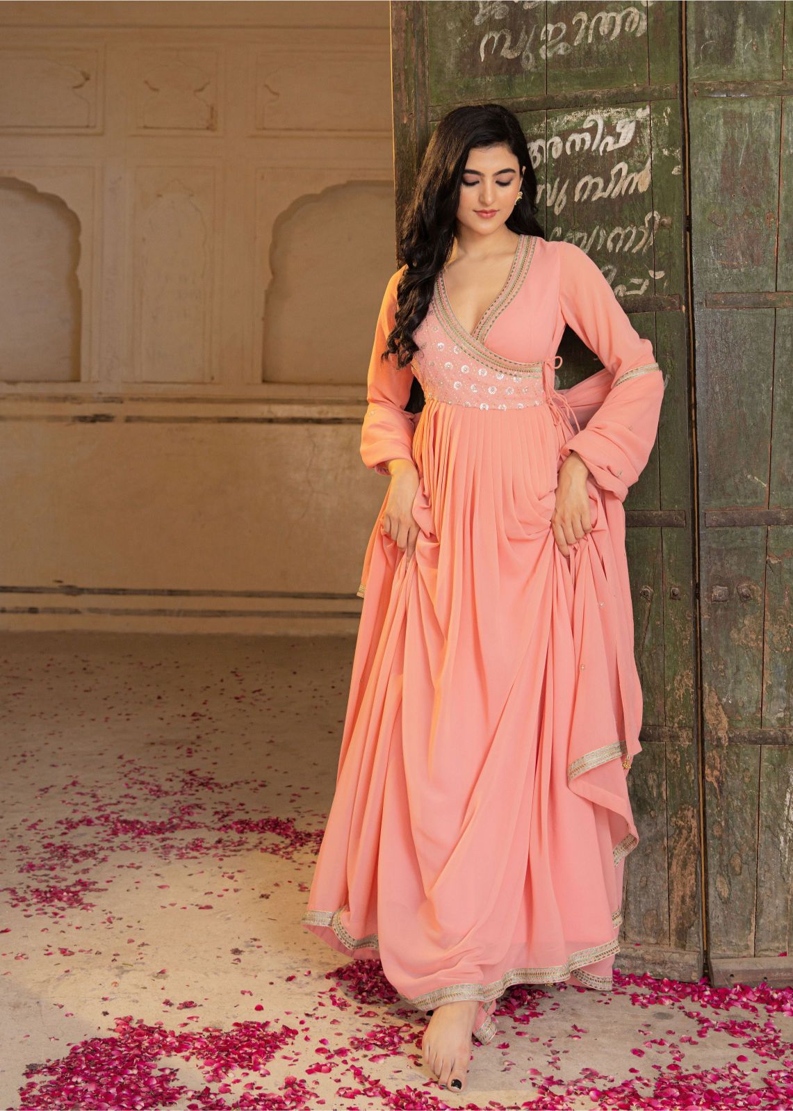 Peach Georgette Embroidered Gown