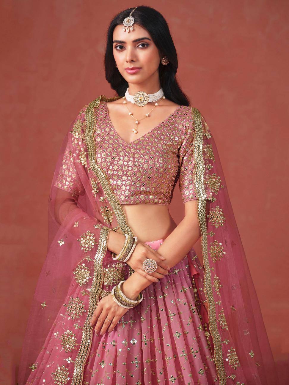 Peach Georgette Festive Lehenga