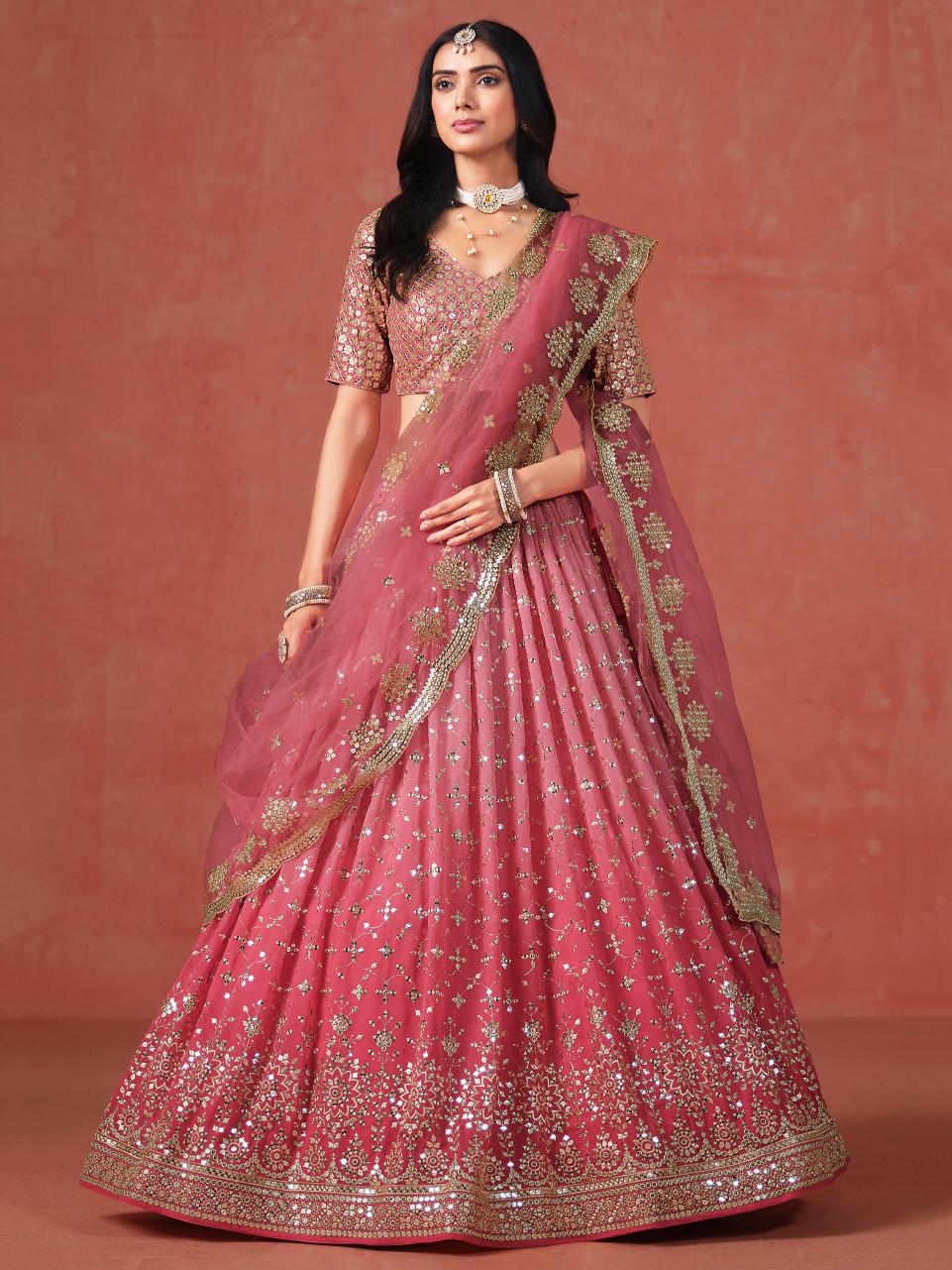 Peach Georgette Lehenga Choli With Dupatta
