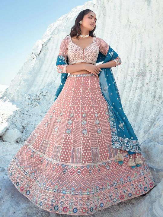 Peach Georgette Umbrella Lehenga