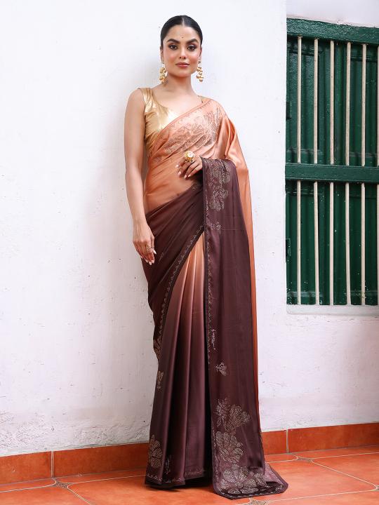Peach Gold Satin Designer Saree