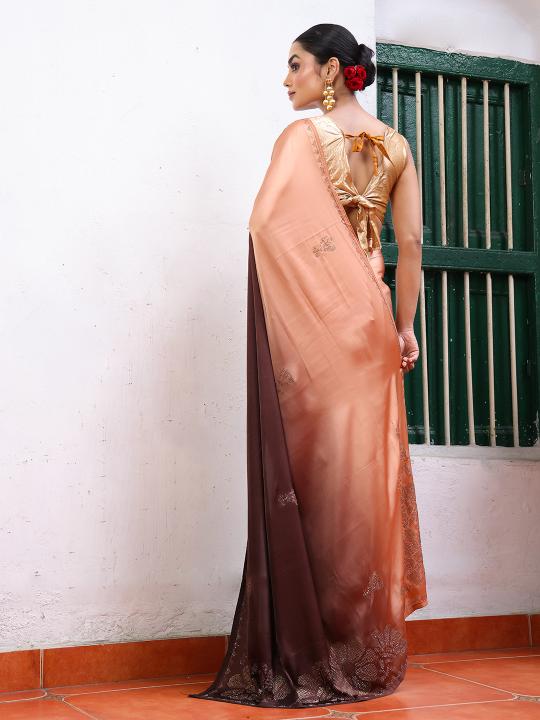 Peach Gold Satin Designer Saree — alternate view