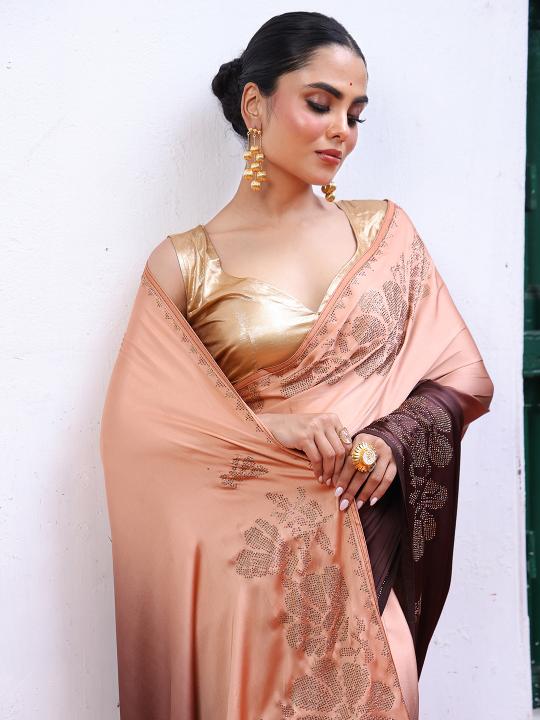 Peach Gold Satin Designer Saree