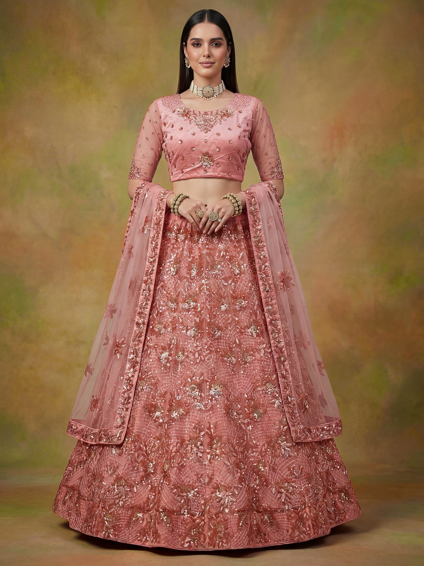 Peach Gold Sequins Net Lehenga Choli