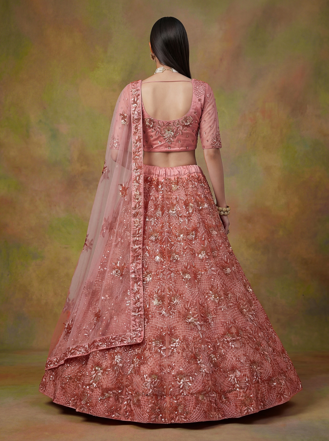 Peach Gold Sequins Net Lehenga Choli — alternate view