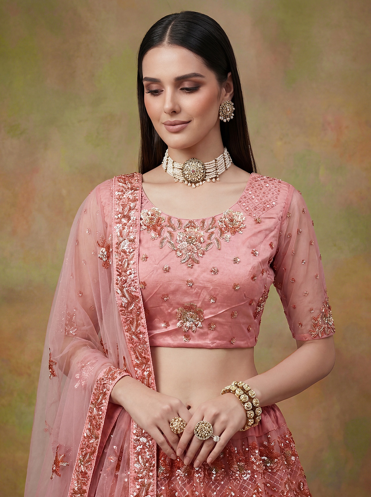 Peach Gold Sequins Net Lehenga Choli