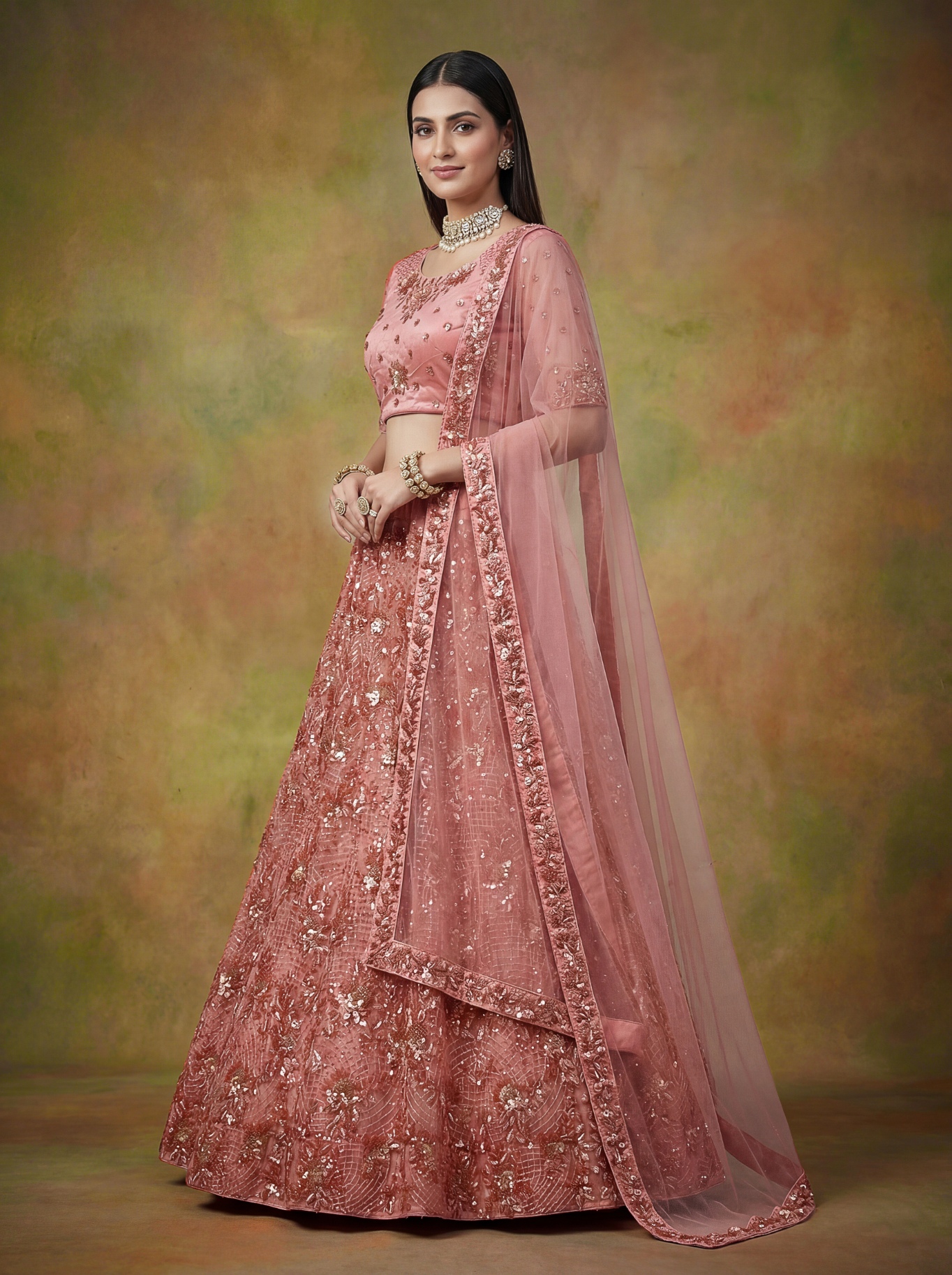 Peach Gold Sequins Net Lehenga Choli
