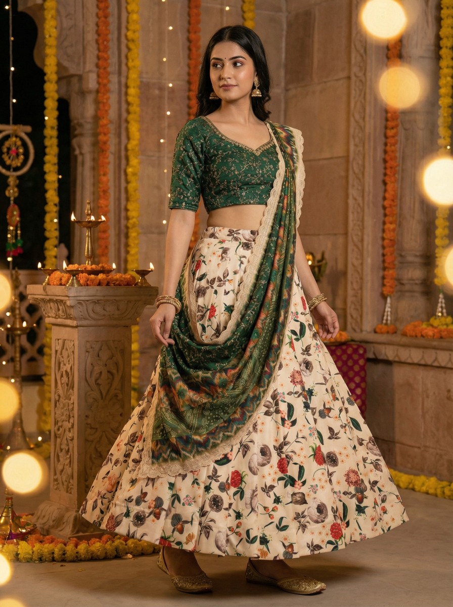 Peach Green Digital Print Satin Silk Lehenga Choli