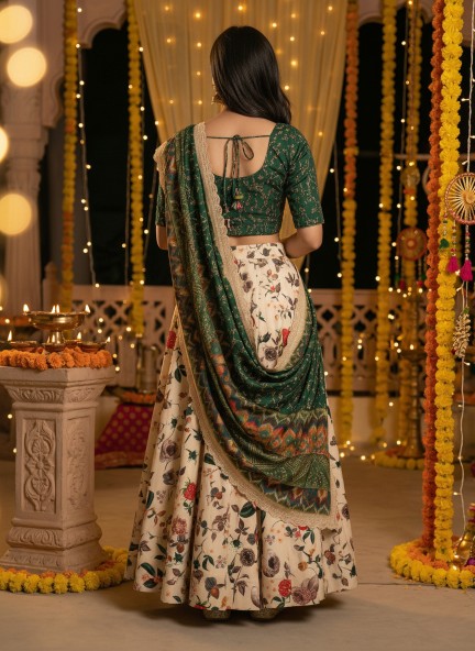 Peach Green Digital Print Satin Silk Lehenga Choli — alternate view
