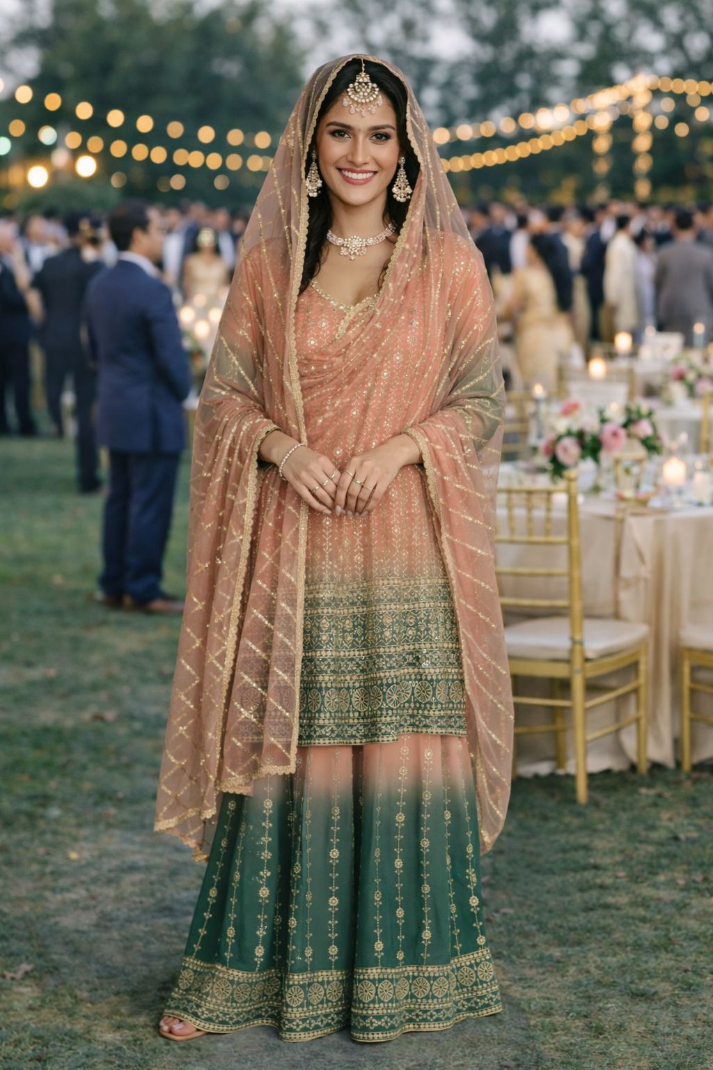 Peach Green Swarovski Embroidered Georgette Palazzo Suit