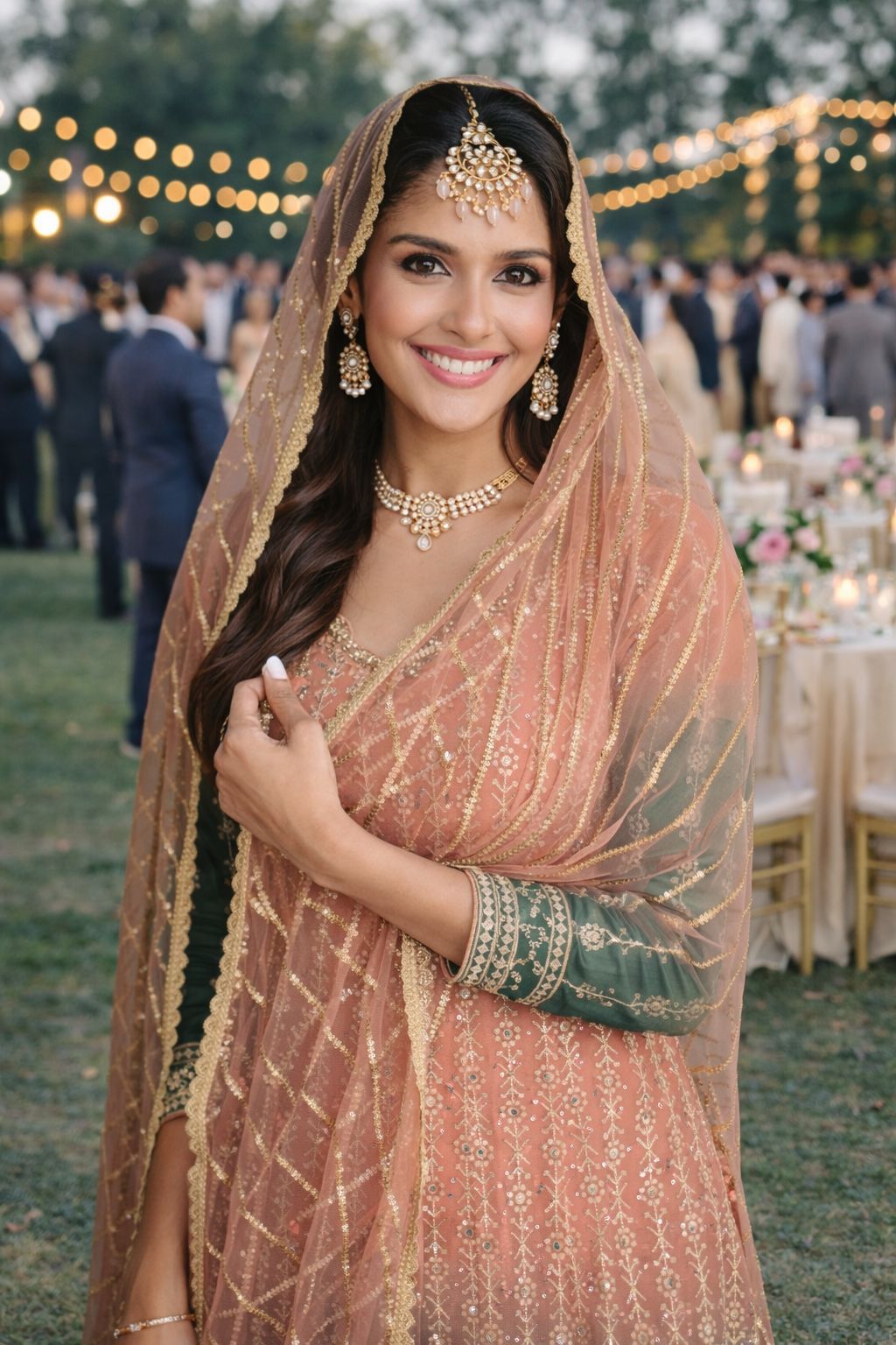 Peach Green Swarovski Embroidered Georgette Palazzo Suit