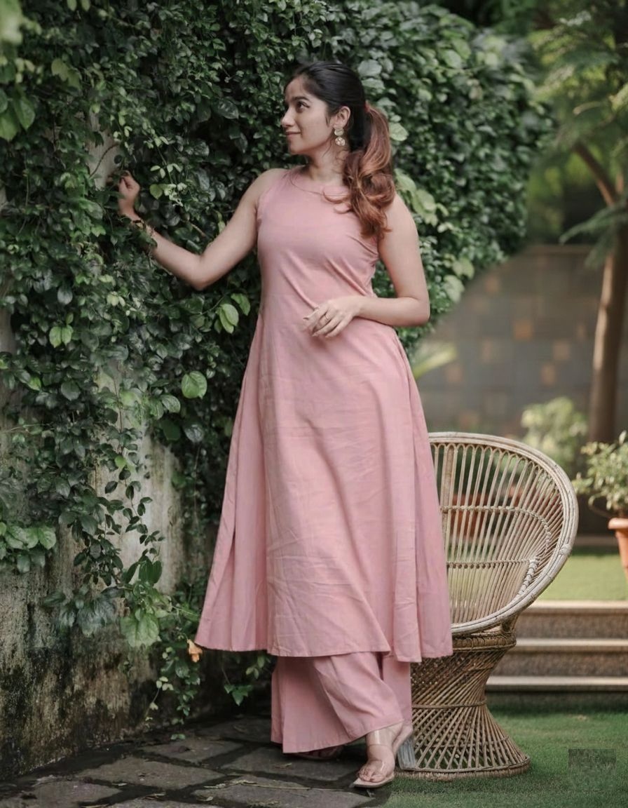 Peach Hand Work Soft Cotton A-Line Kurta Set