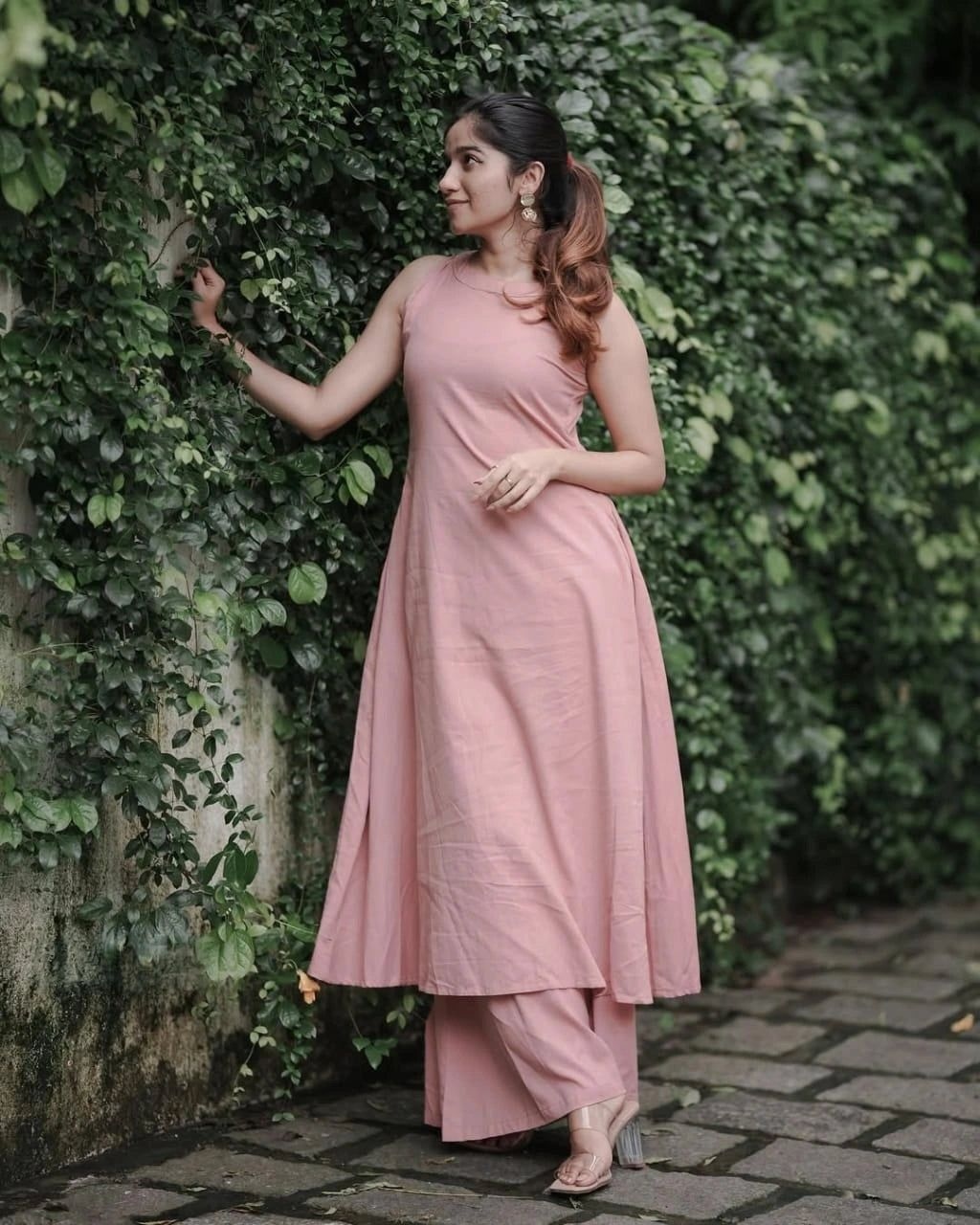 Peach Hand Work Soft Cotton A-Line Kurta Set