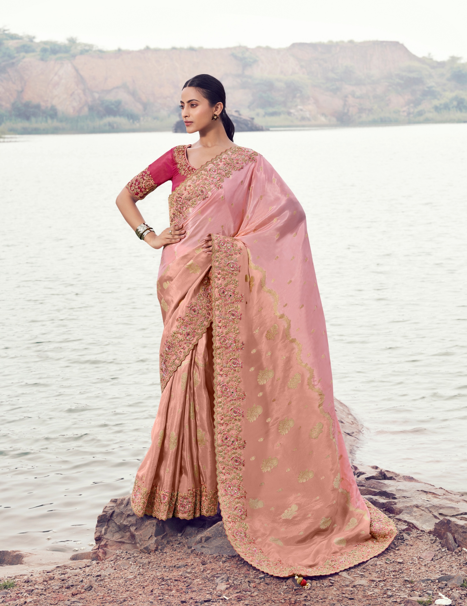 Peach Heritage Heavy Tissue Organza Saree