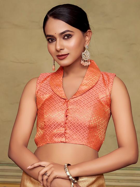 Peach Jacquard Banarasi Silk Shirt Collar Saree Blouse