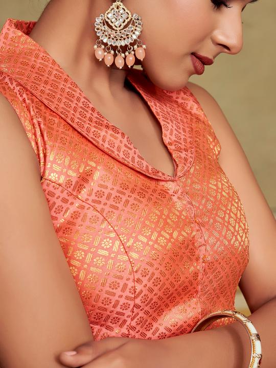 Peach Jacquard Banarasi Silk Shirt Collar Saree Blouse