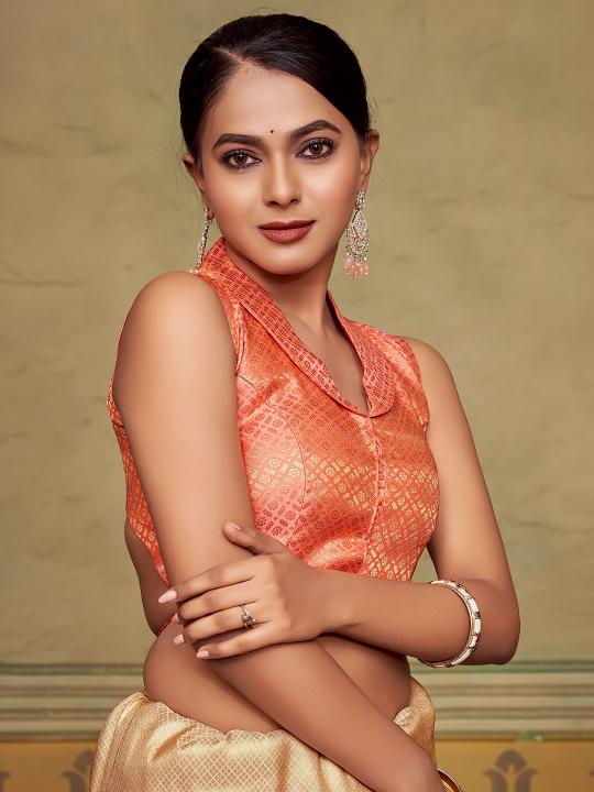 Peach Jacquard Banarasi Silk Shirt Collar Saree Blouse