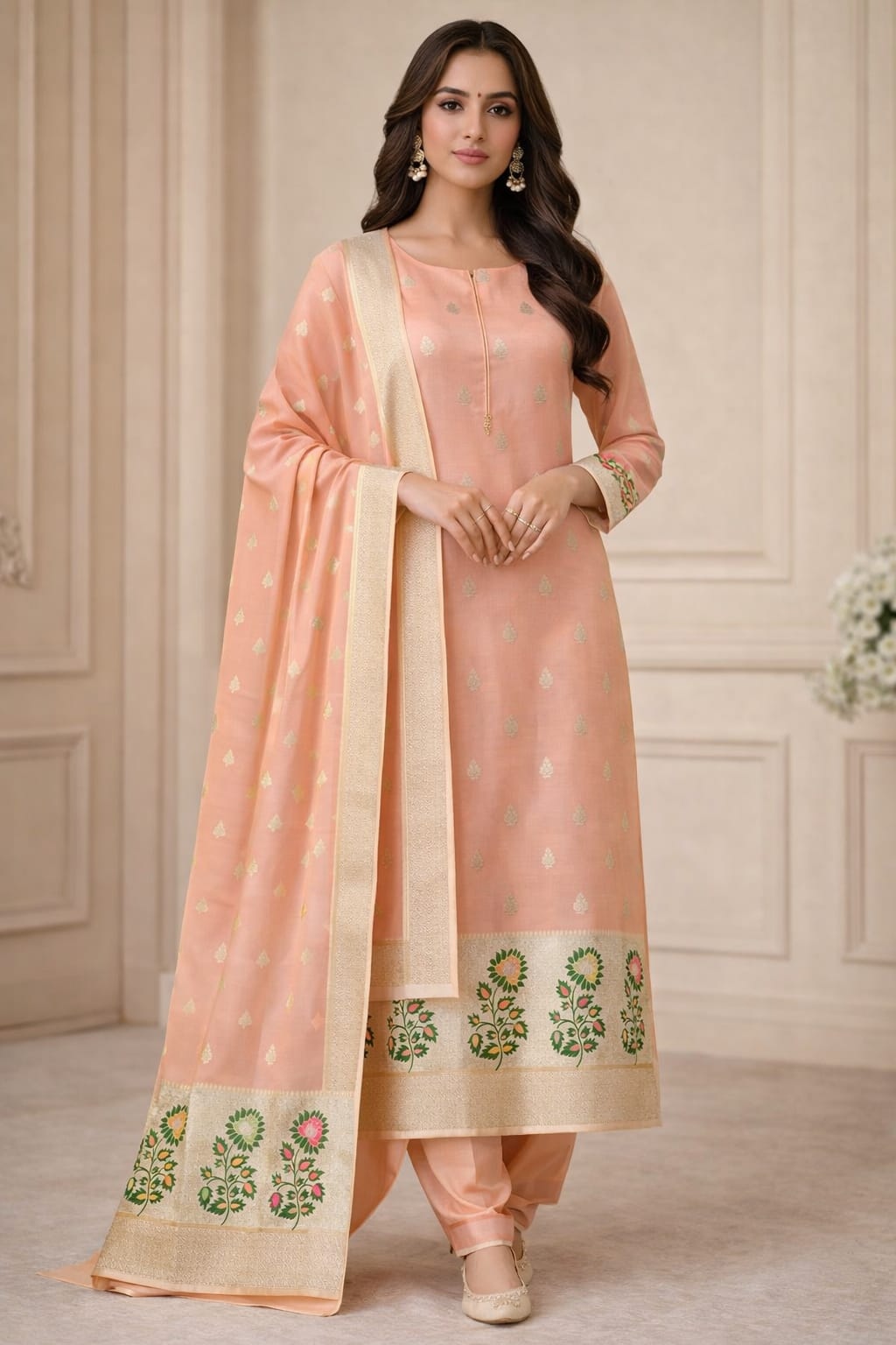Peach Jacquard Designer Lichi Silk Salwar Suit