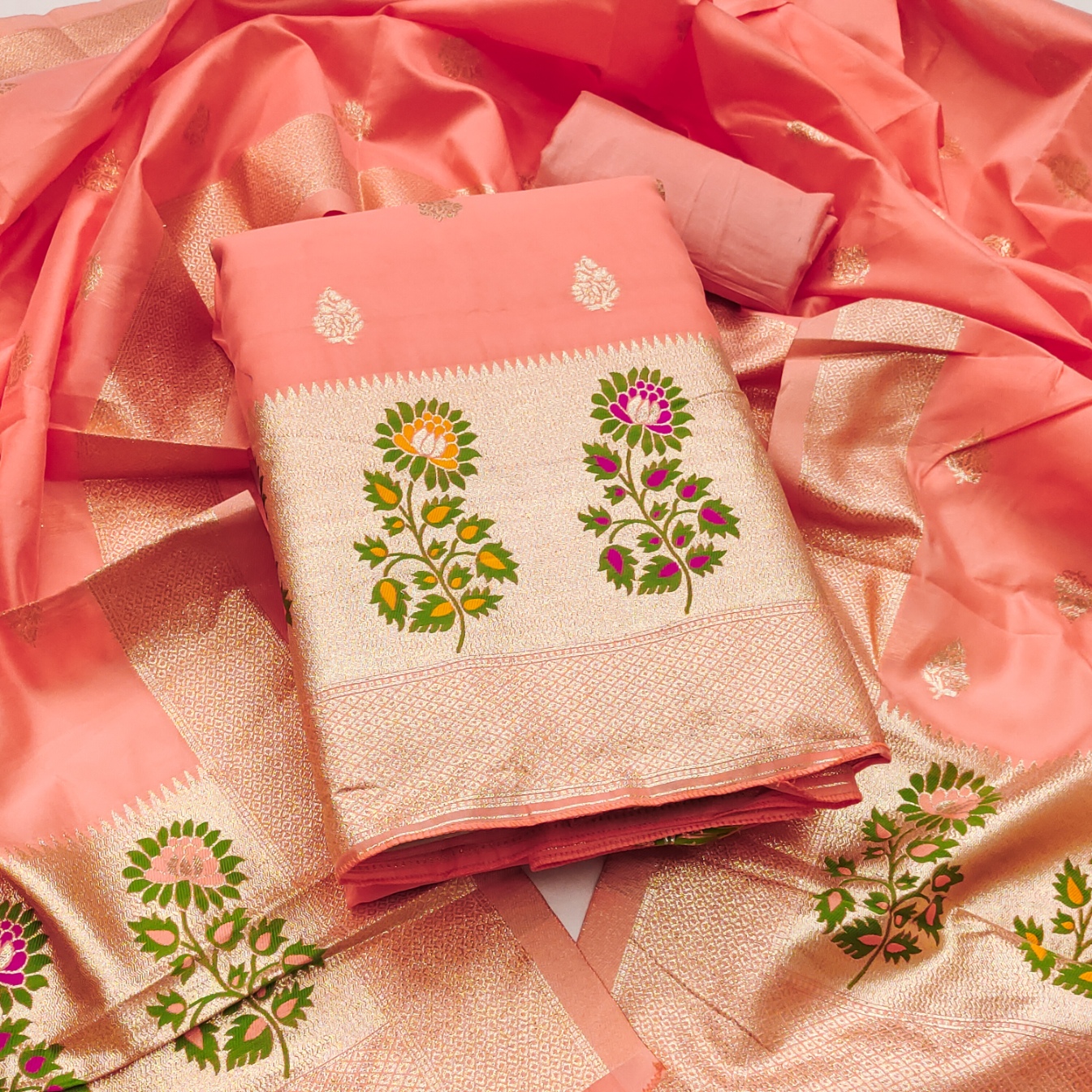 Peach Jacquard Designer Lichi Silk Salwar Suit — alternate view