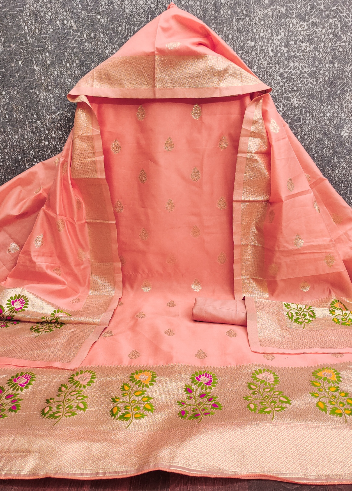 Peach Jacquard Designer Lichi Silk Salwar Suit