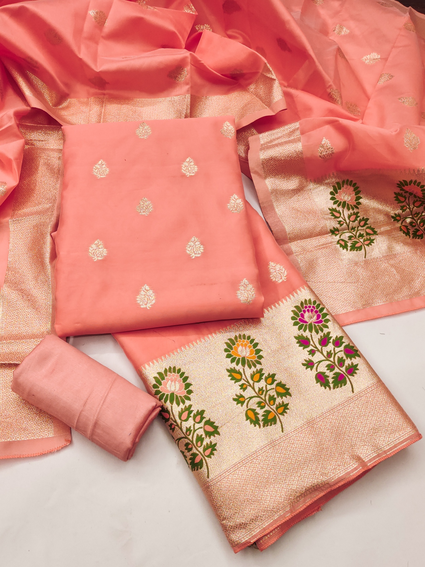Peach Jacquard Designer Lichi Silk Salwar Suit