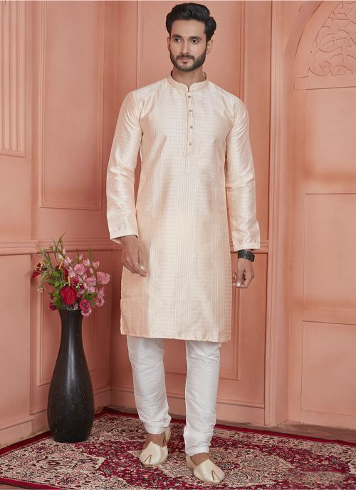 Peach Jacquard Silk Embroidered Kurta Pyjama